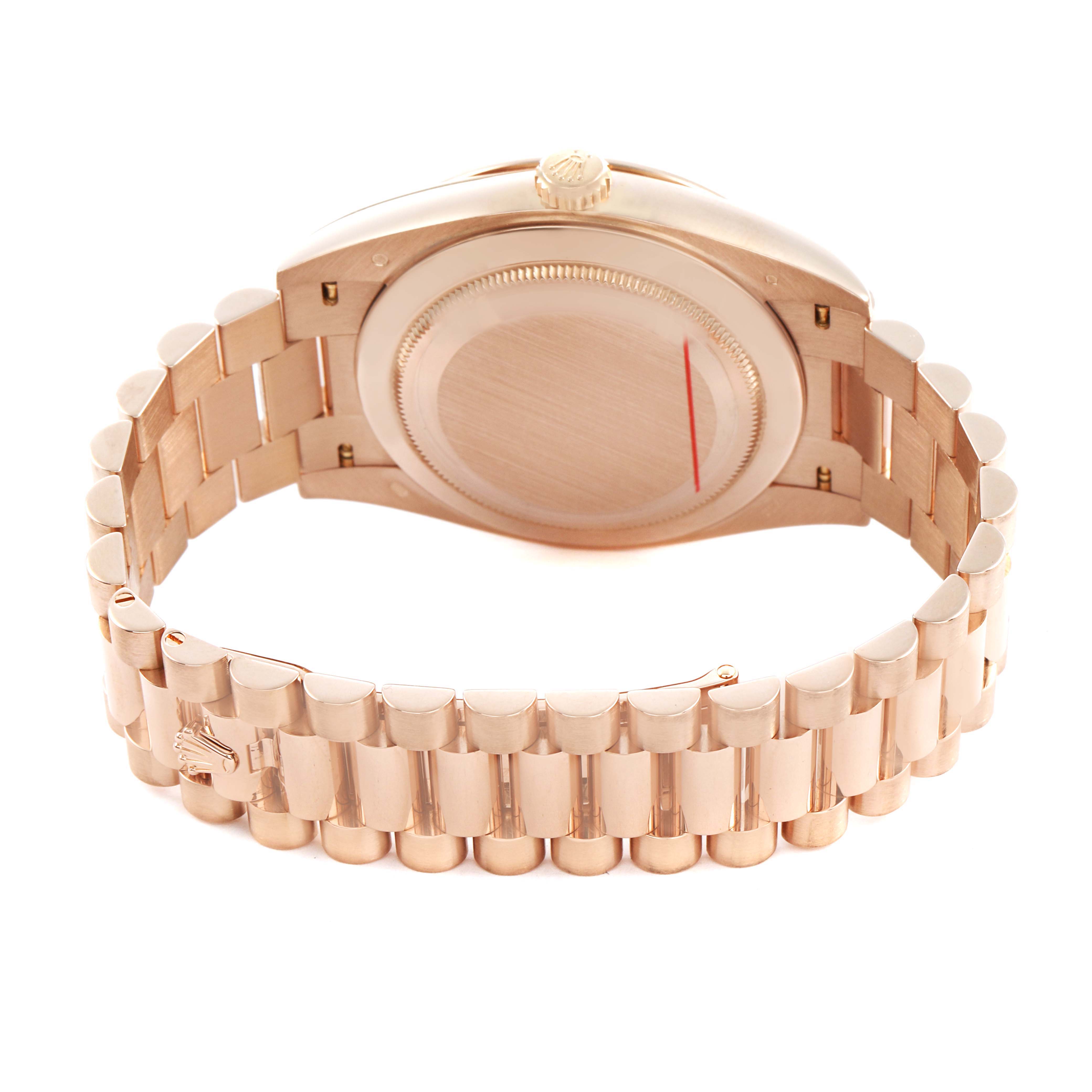 The Rolex President 228345 Men's Rose Gold Pink Dial model is shown from the back, highlighting the case back, bracelet, and clasp.