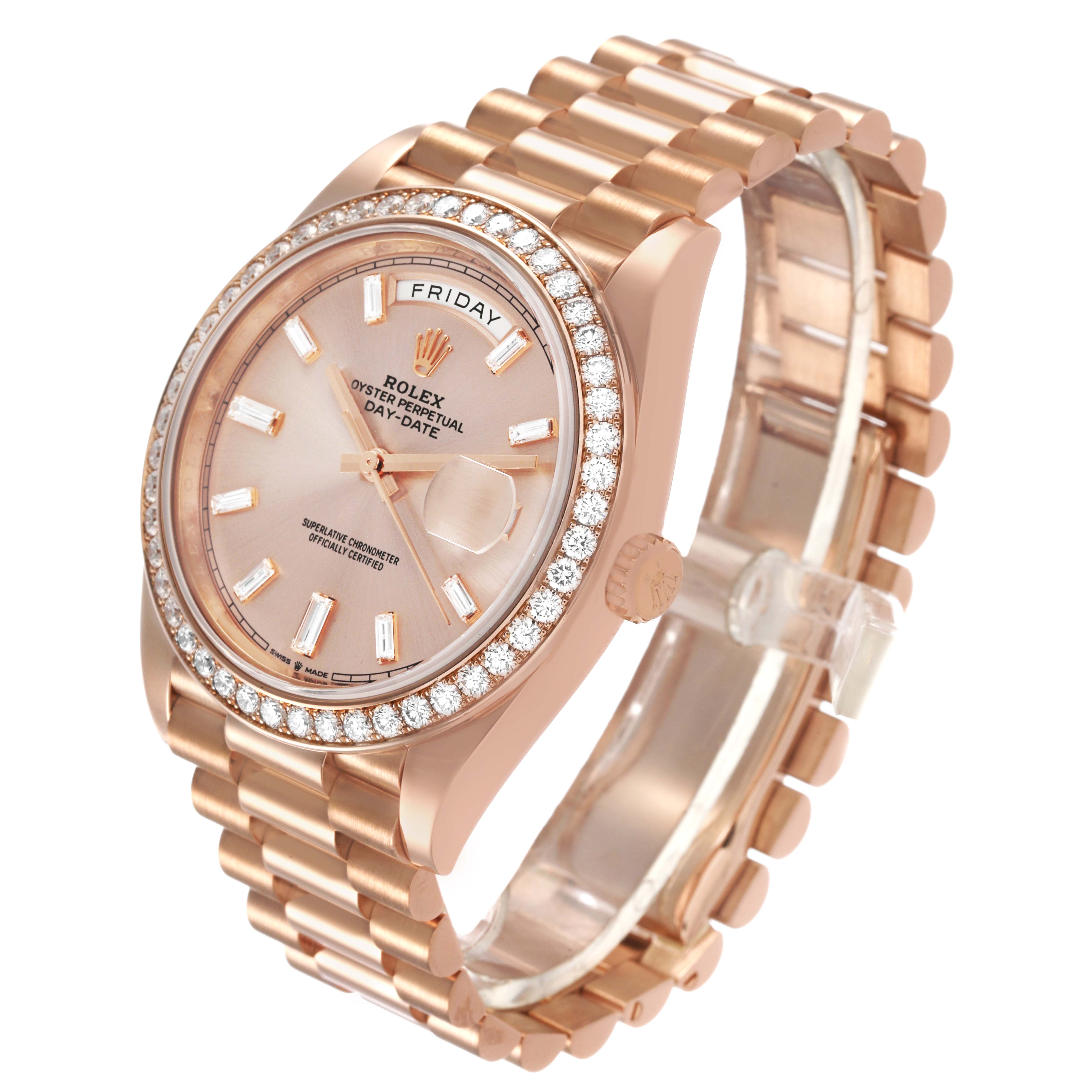 The Rolex President 228345 Men's Rose Gold Pink Dial model is shown at a slight angle, highlighting the dial, diamond bezel, and bracelet.
