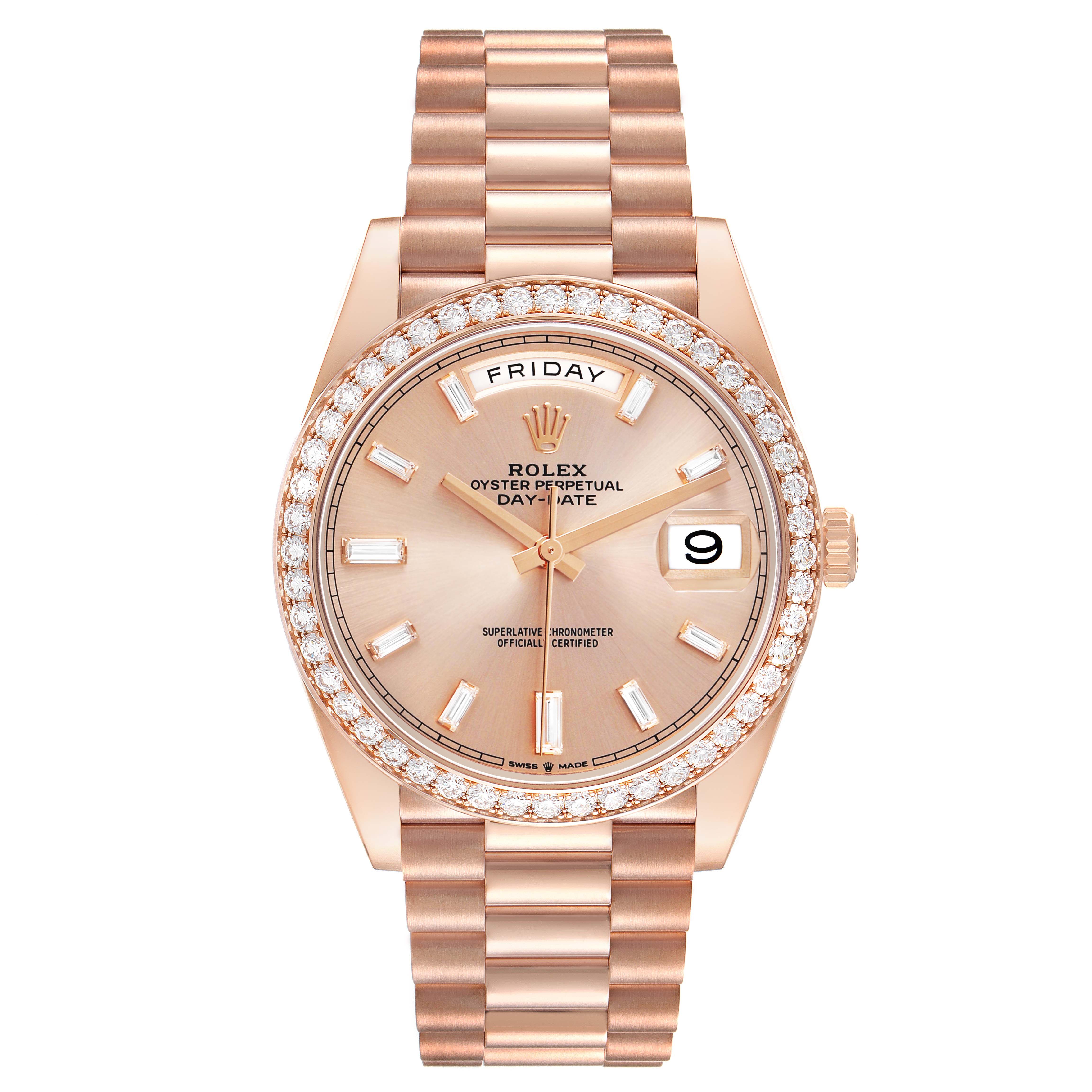 The image shows a frontal view of a Rolex President 228345 Men's Rose Gold Pink Dial model, displaying the face, bezel, and bracelet.