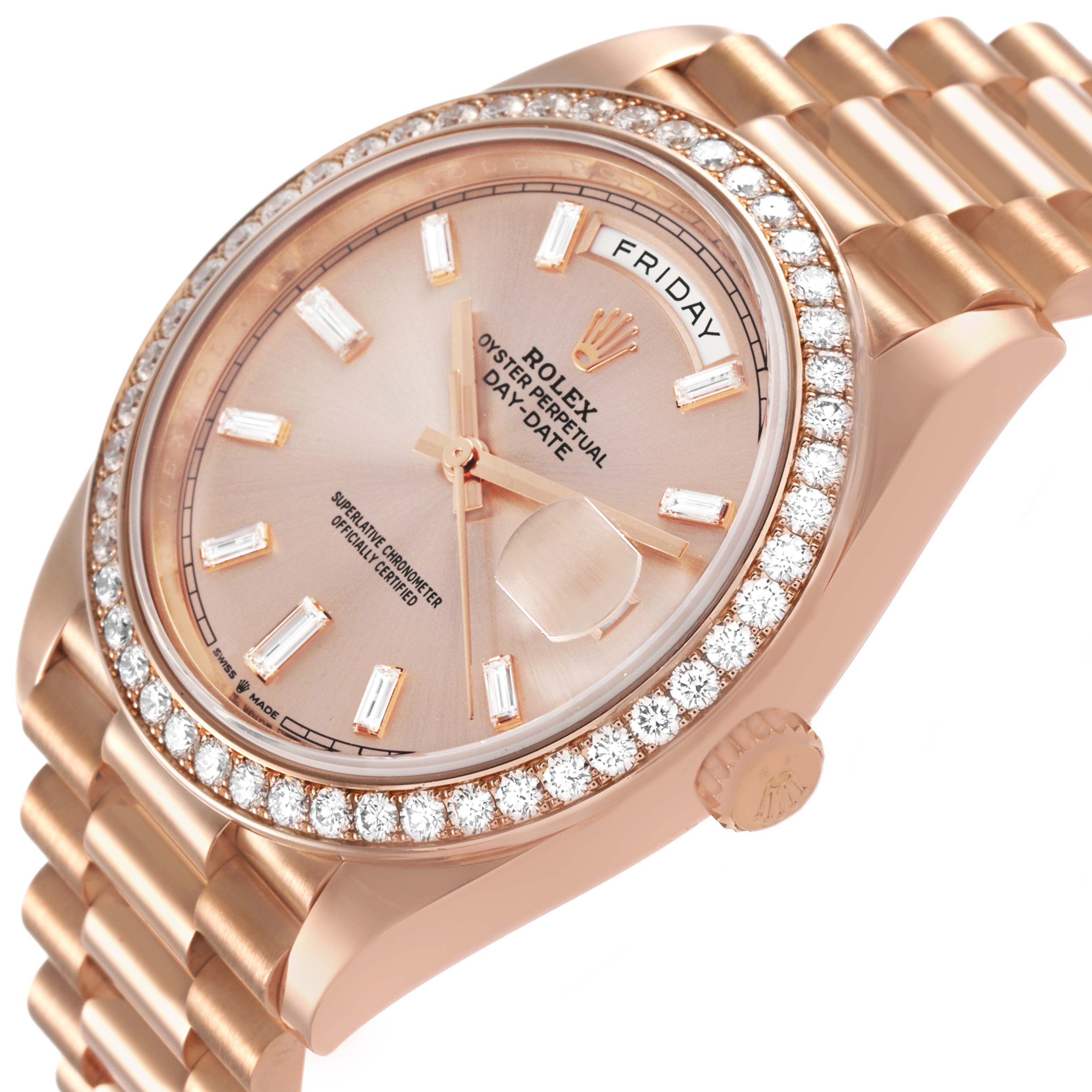 The Rolex President 228345 Men's Rose Gold Pink Dial model is shown from a slightly tilted perspective, highlighting the diamond bezel, dial, and bracelet.