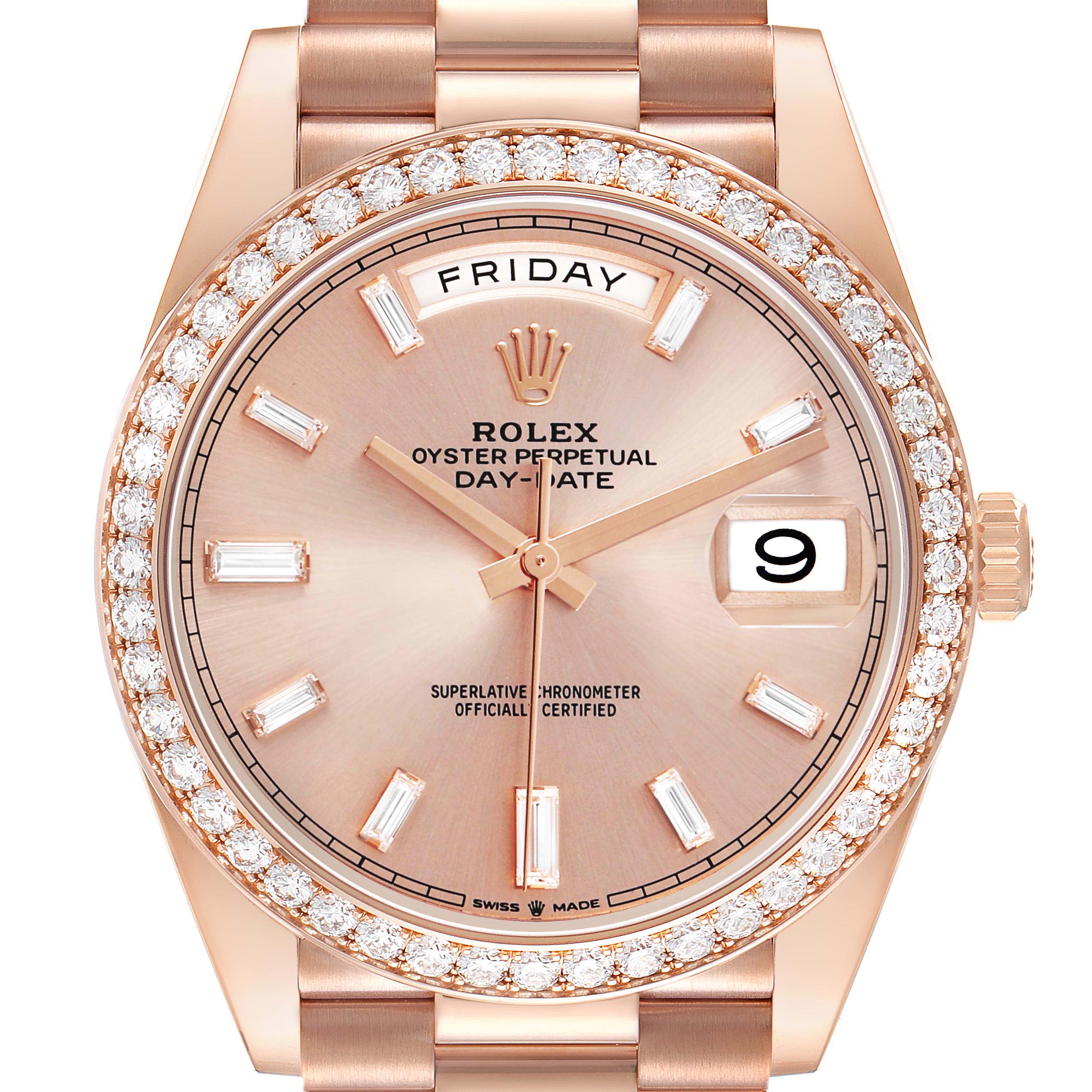 The Rolex President 228345 Men's Rose Gold Pink Dial model is shown from the front, displaying the dial, bezel with diamonds, crown, and partial bracelet.