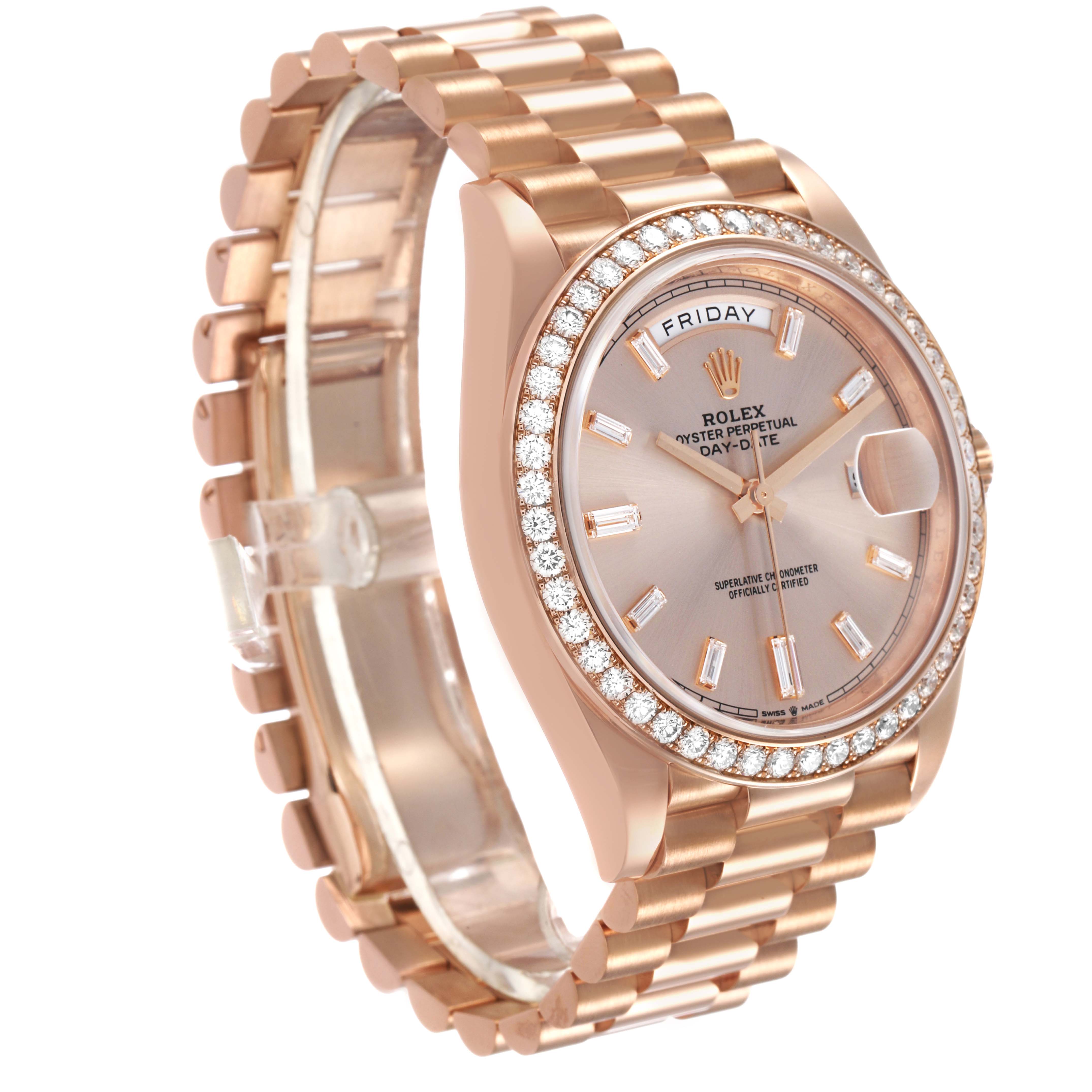 The Rolex President 228345 Men's Rose Gold Pink Dial model watch is shown at a slight angle, highlighting its face, diamond bezel, and bracelet.