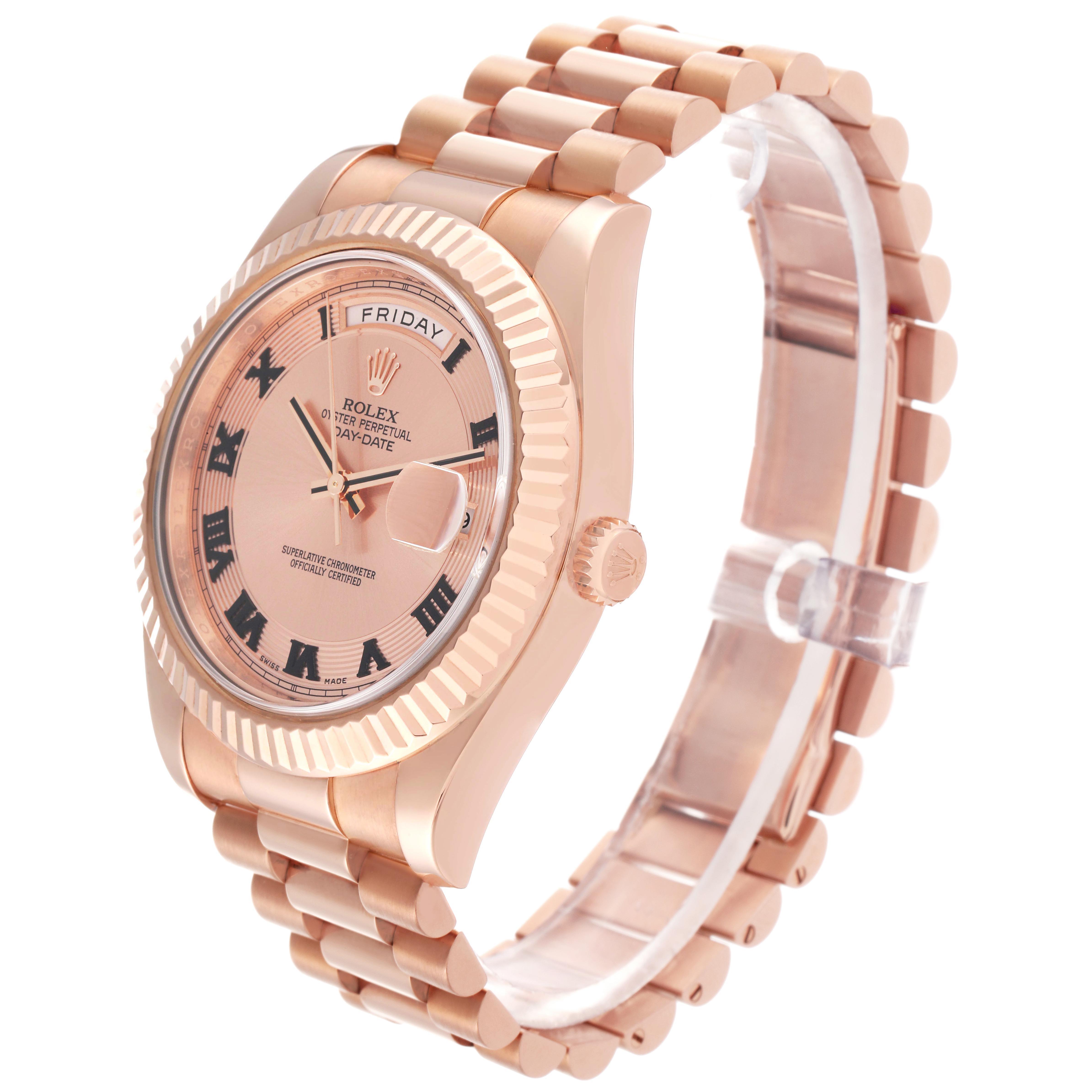 The Rolex President 218235 Men's Rose Gold Champagne Dial 218235 Men's Rose Gold Champagne Dial model watch is shown at a three-quarter angle, highlighting the dial, bezel, crown, and bracelet.