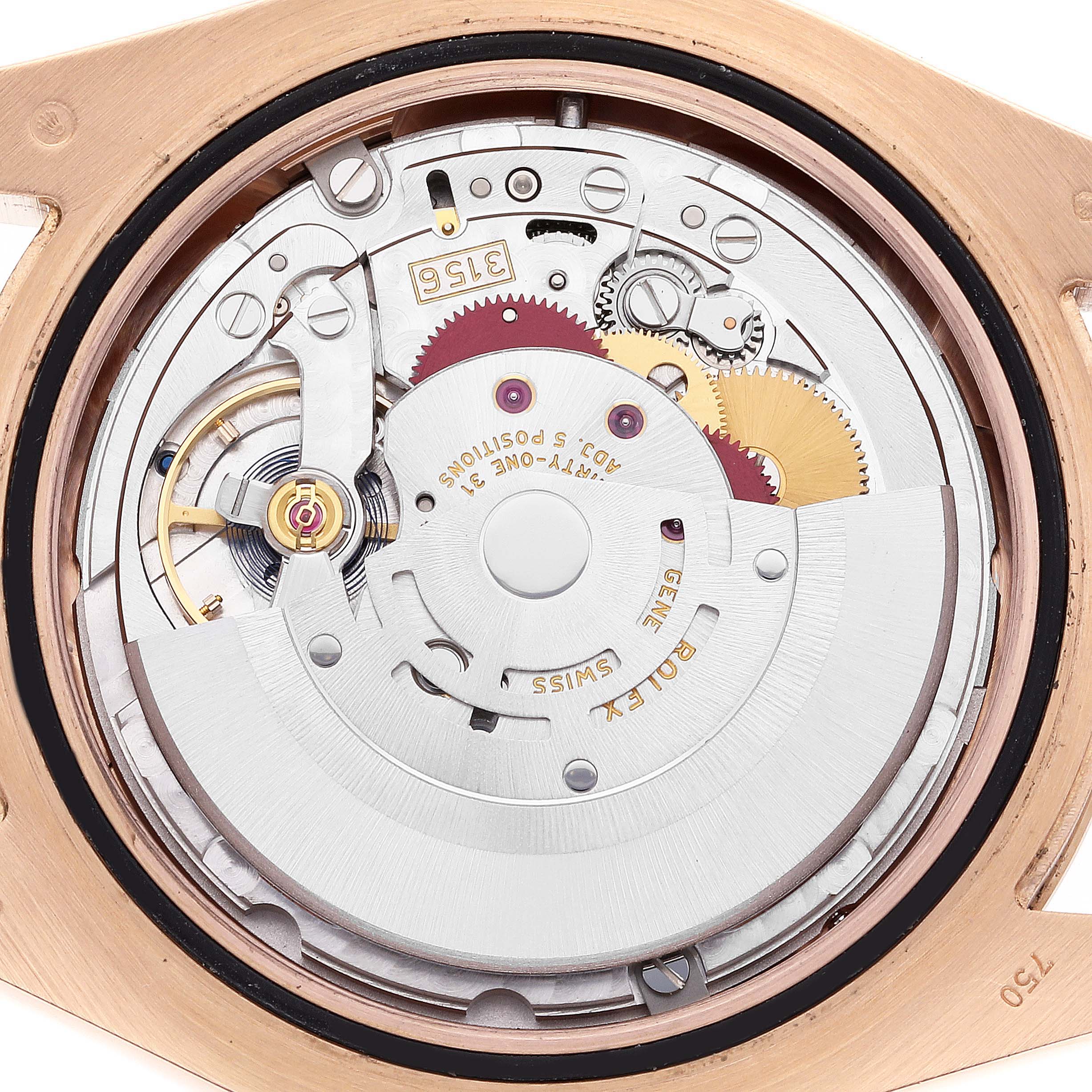 This image shows a close-up view of the internal mechanism of a Rolex President 218235 Men's Rose Gold Champagne Dial 218235 Men's Rose Gold Champagne Dial model watch.
