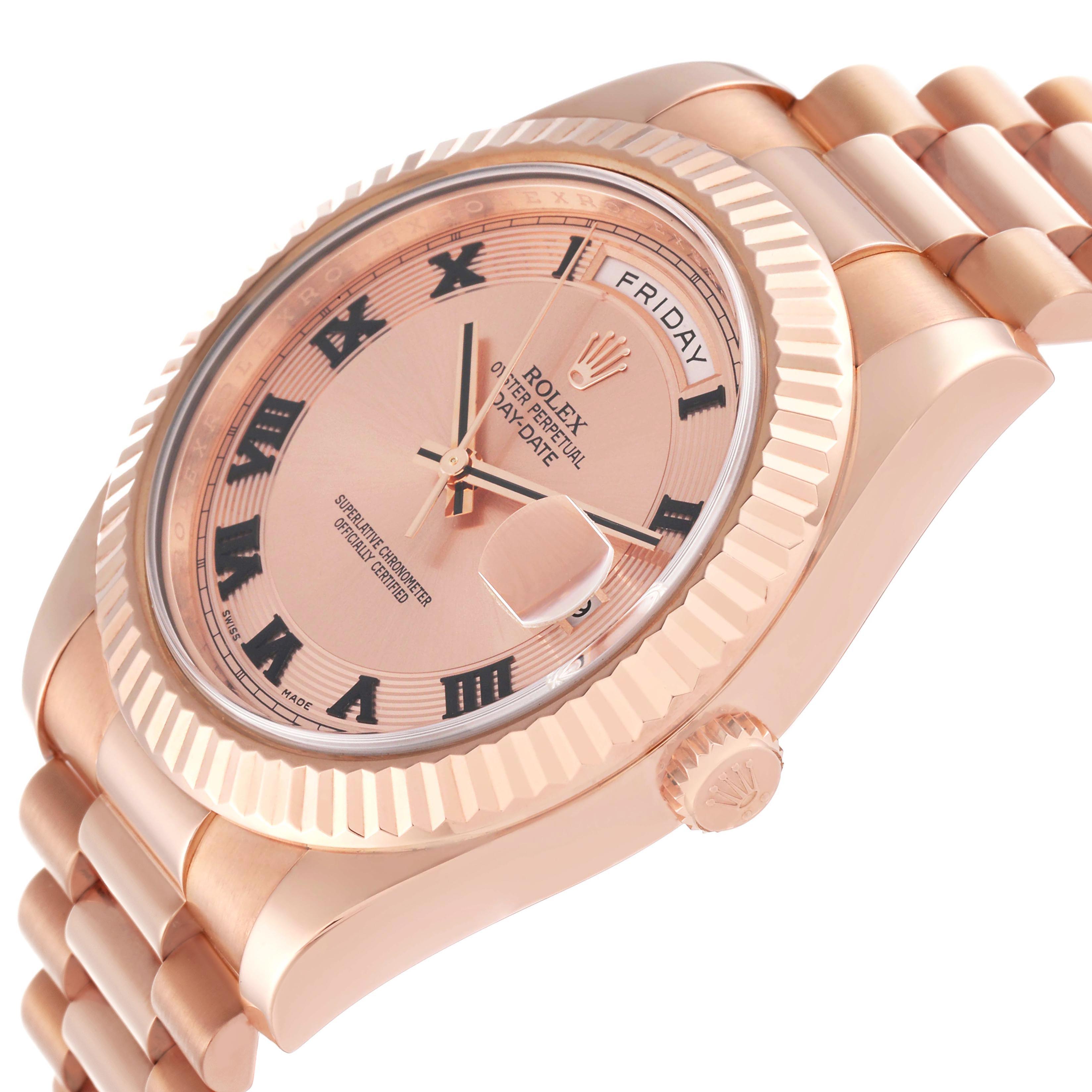 The Rolex President 218235 Men's Rose Gold Champagne Dial 218235 Men's Rose Gold Champagne Dial model is shown at a slight angle showcasing the face, bezel, and part of the bracelet.