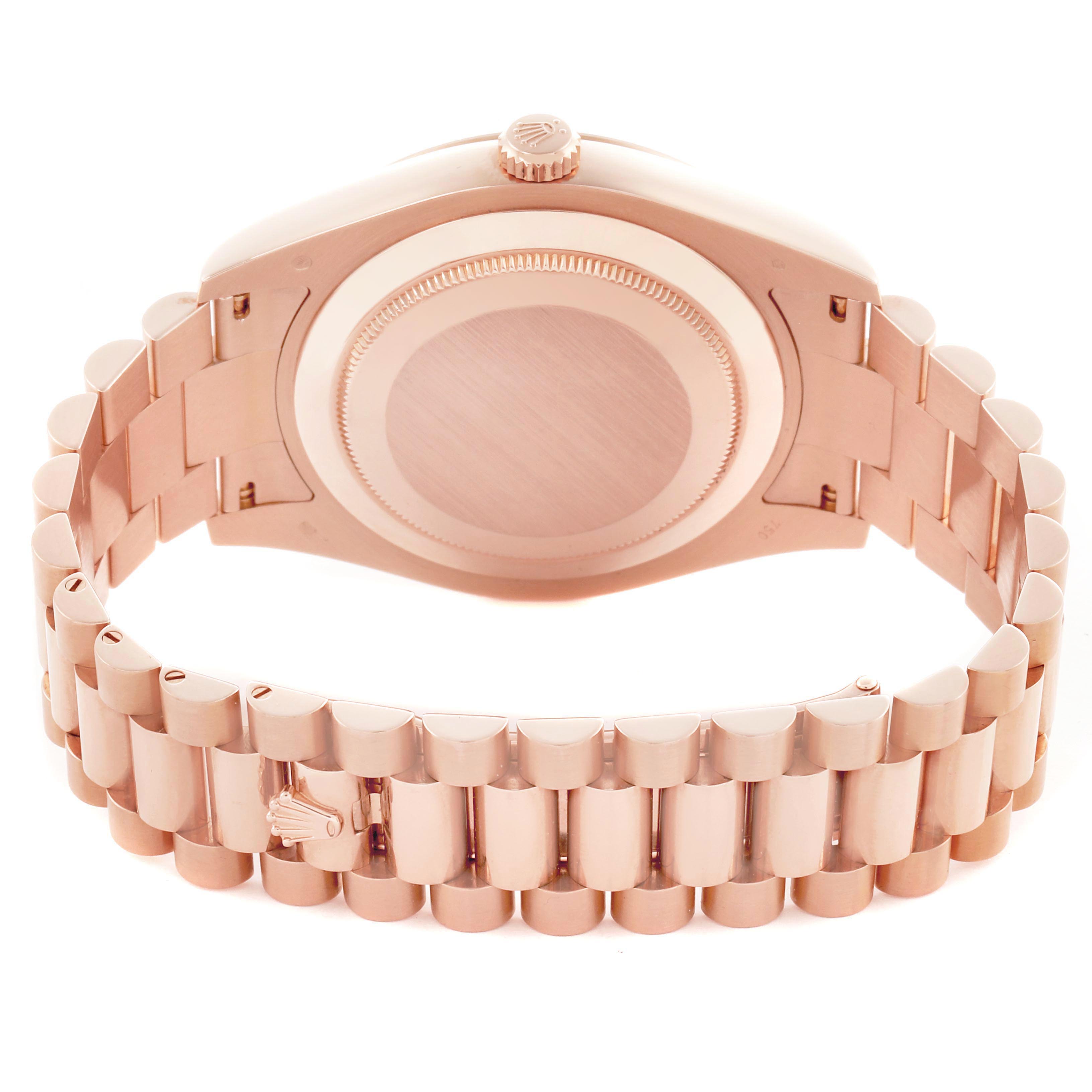 The image shows the back and bracelet of a Rolex President 218235 Men's Rose Gold Champagne Dial 218235 Men's Rose Gold Champagne Dial model, highlighting the clasp and case-back.