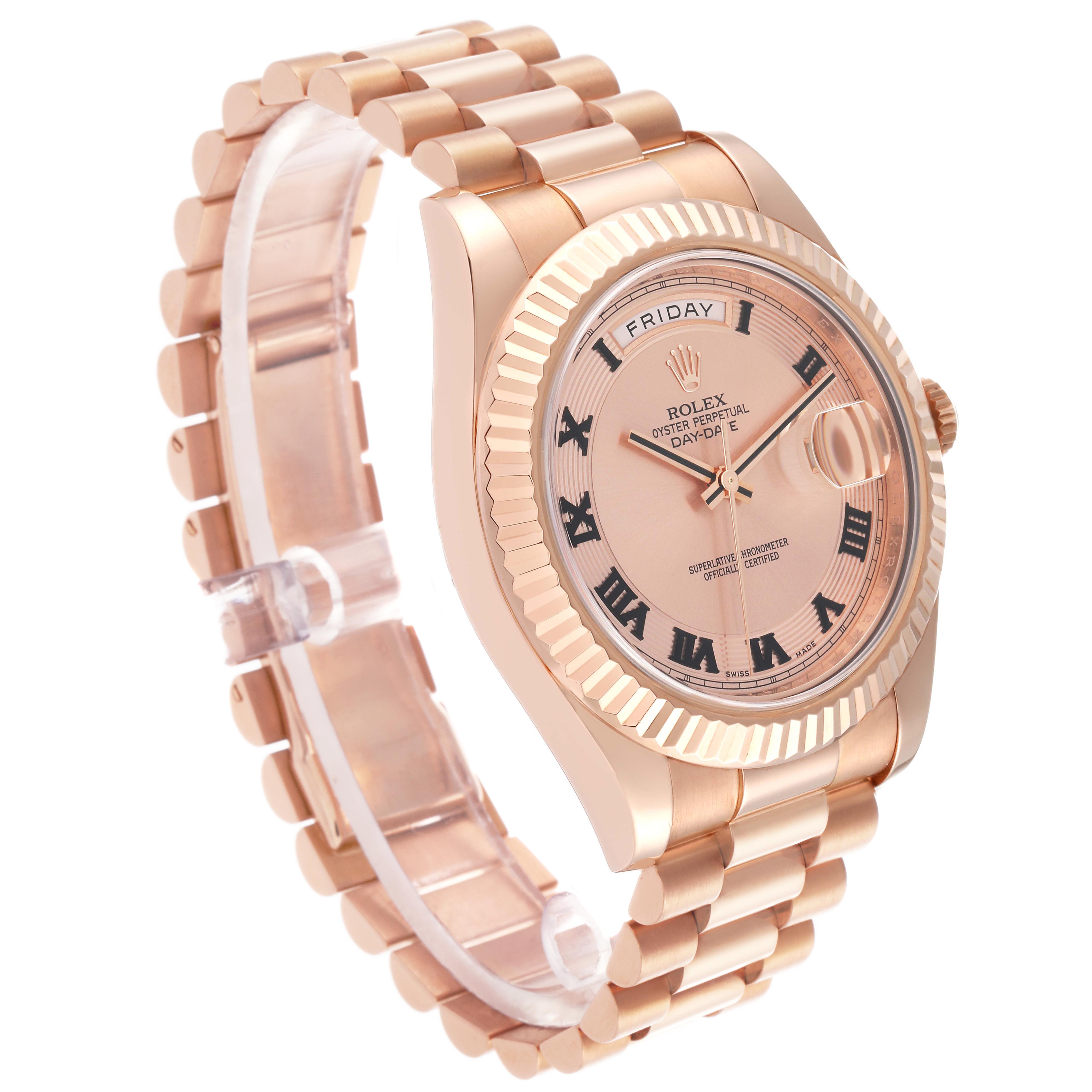 The Rolex President 218235 Men's Rose Gold Champagne Dial 218235 Men's Rose Gold Champagne Dial model is shown at a three-quarter angle, highlighting the bezel, dial, and bracelet.