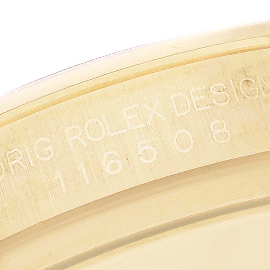 This image shows a close-up of the engraved side of a Rolex Daytona 116508 Men's Yellow Gold Black Dial 116508 Men's Yellow Gold Black Dial watch, revealing the model number "116508".