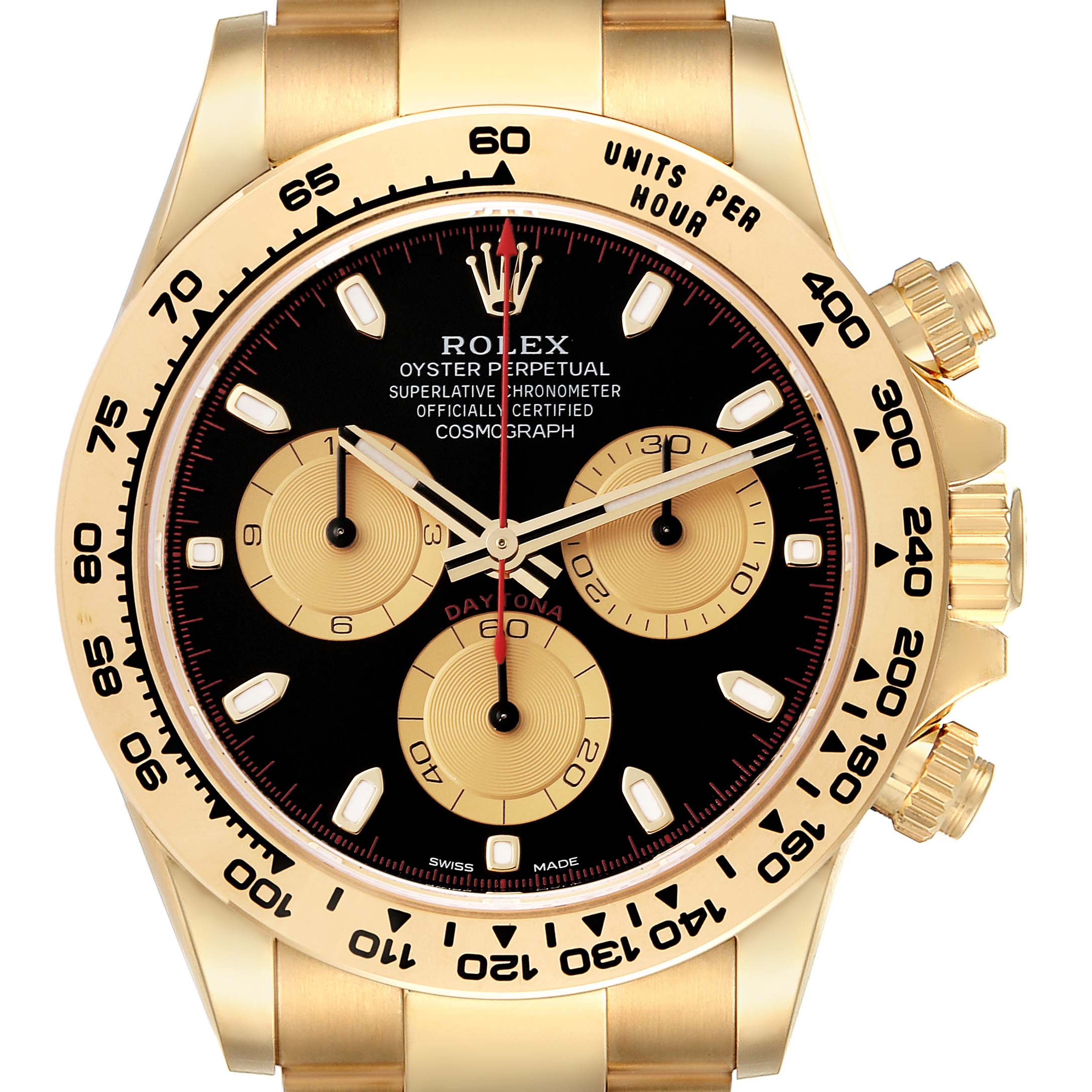The image shows a front view of the Rolex Daytona 116508 Men's Yellow Gold Black Dial 116508 Men's Yellow Gold Black Dial, highlighting the dial, hands, bezel, and chronograph subdials.