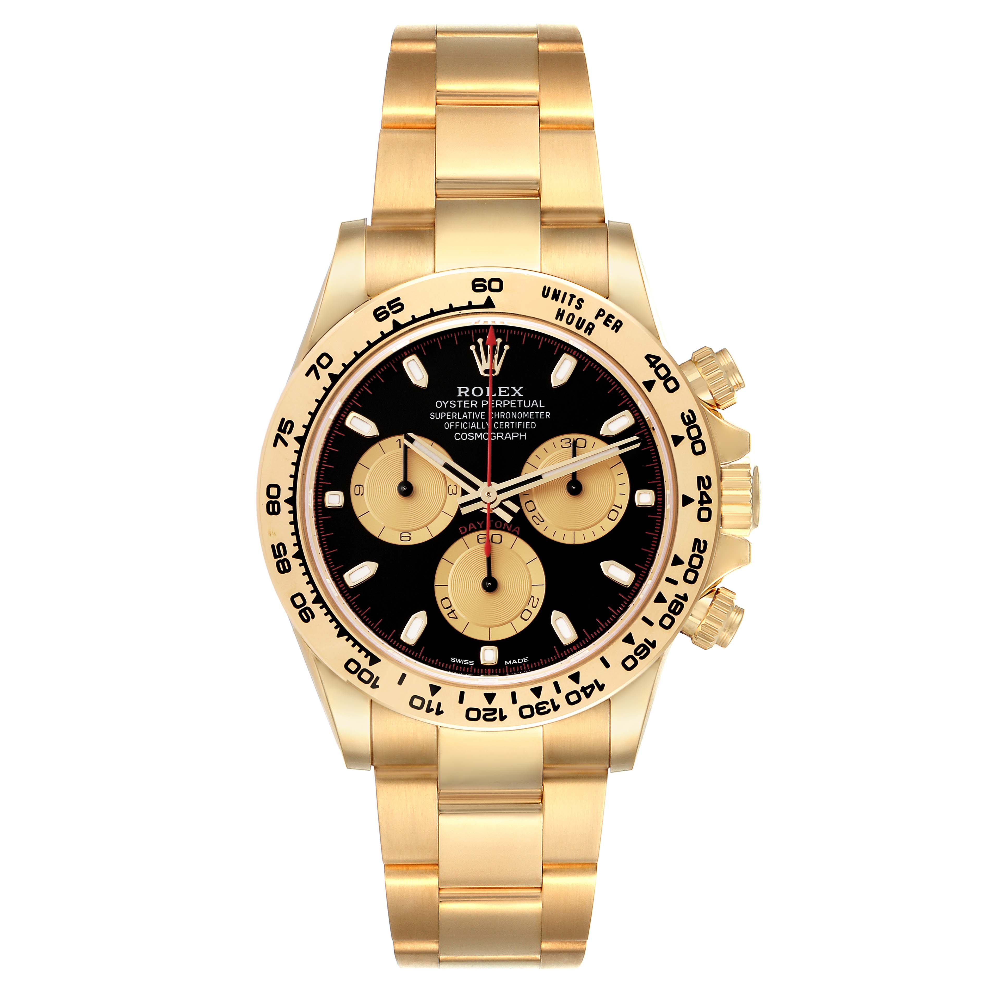 The image shows a front view of a Rolex Daytona 116508 Men's Yellow Gold Black Dial 116508 Men's Yellow Gold Black Dial watch, featuring a black dial, gold case, and bracelet.