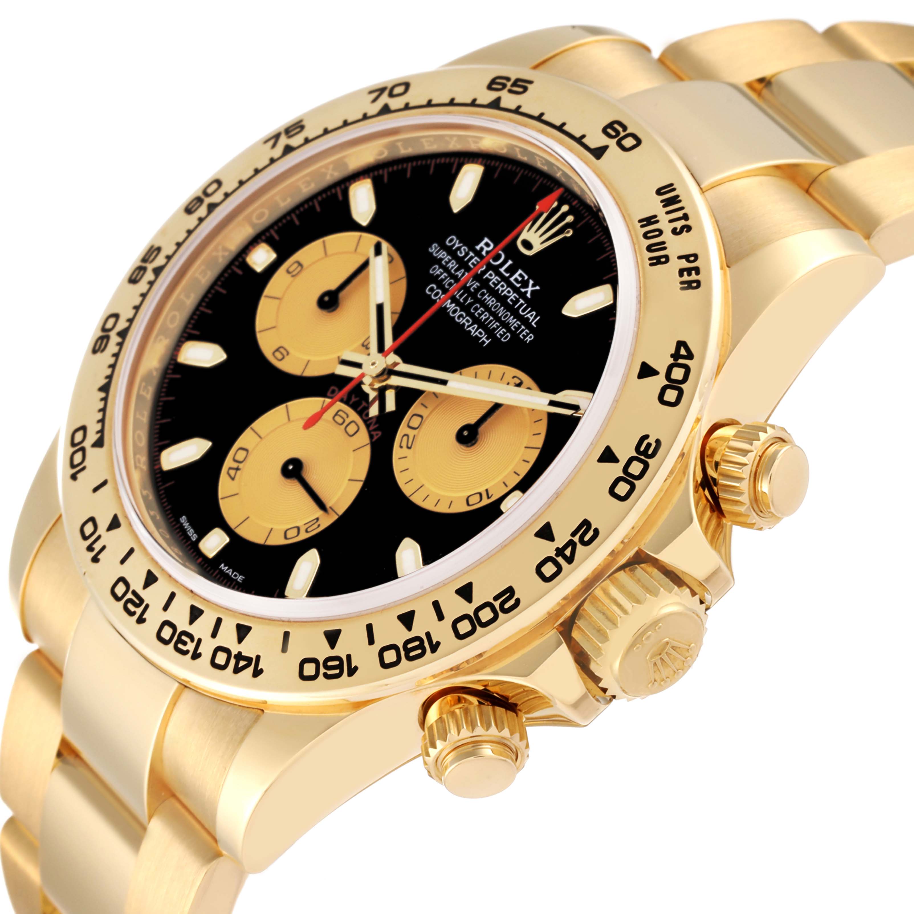The image shows a close-up, side angle of a Rolex Daytona 116508 Men's Yellow Gold Black Dial 116508 Men's Yellow Gold Black Dial watch, highlighting the dial, bezel, and crown.