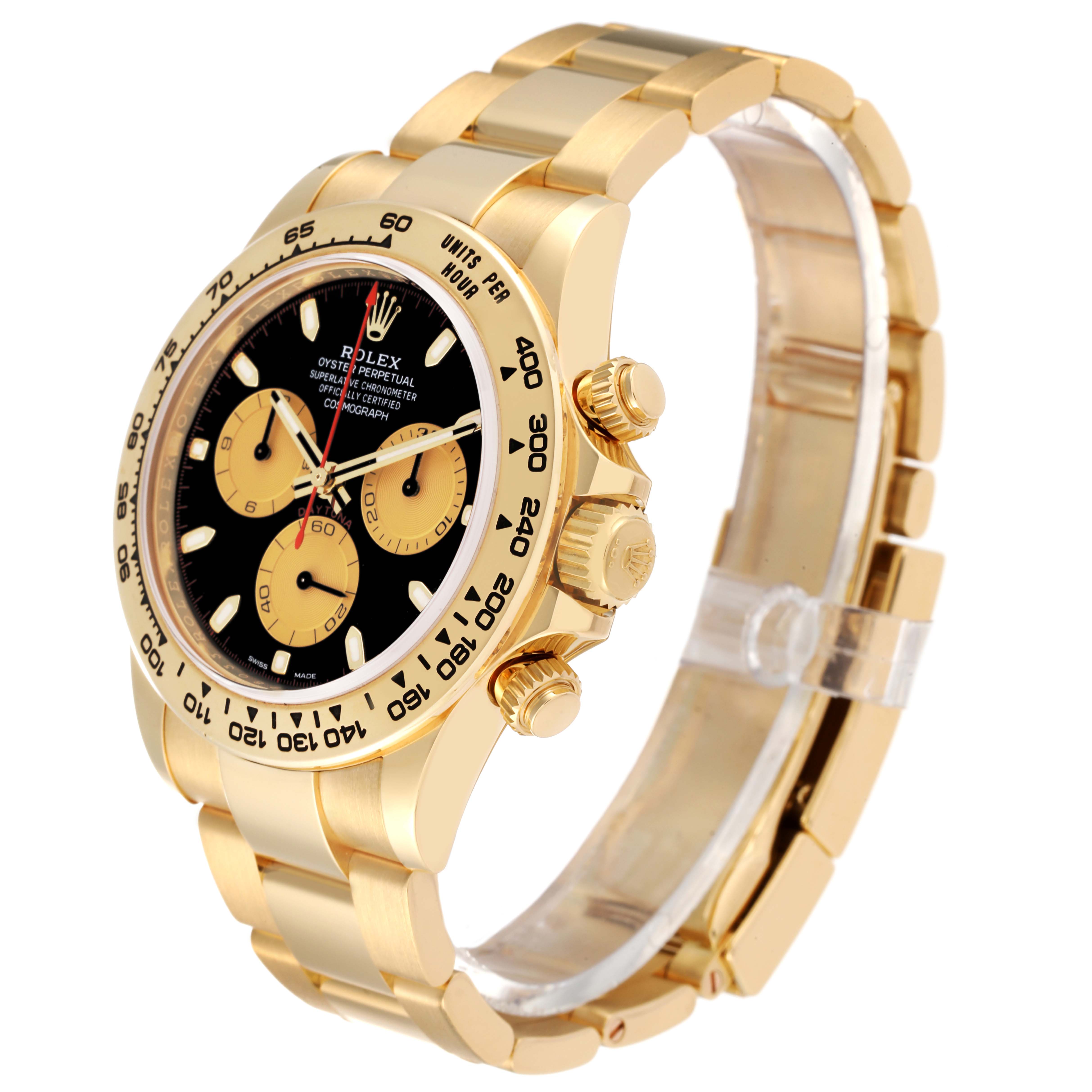The image shows a Rolex Daytona 116508 Men's Yellow Gold Black Dial 116508 Men's Yellow Gold Black Dial watch at an oblique angle, highlighting the dial, case, bezel, and bracelet.