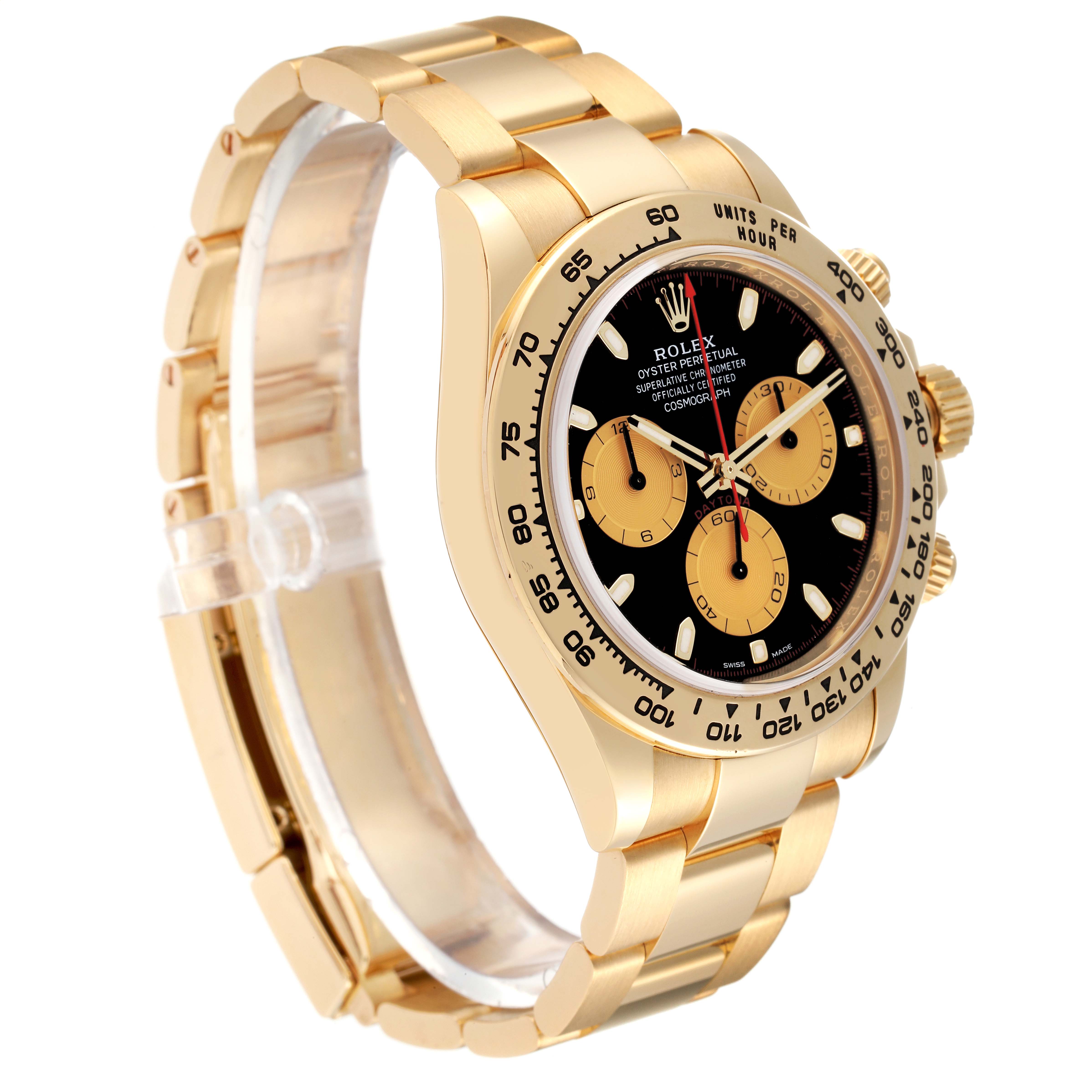 This image shows a side and frontal view of a Rolex Daytona 116508 Men's Yellow Gold Black Dial 116508 Men's Yellow Gold Black Dial watch, highlighting its gold bracelet and black dial.