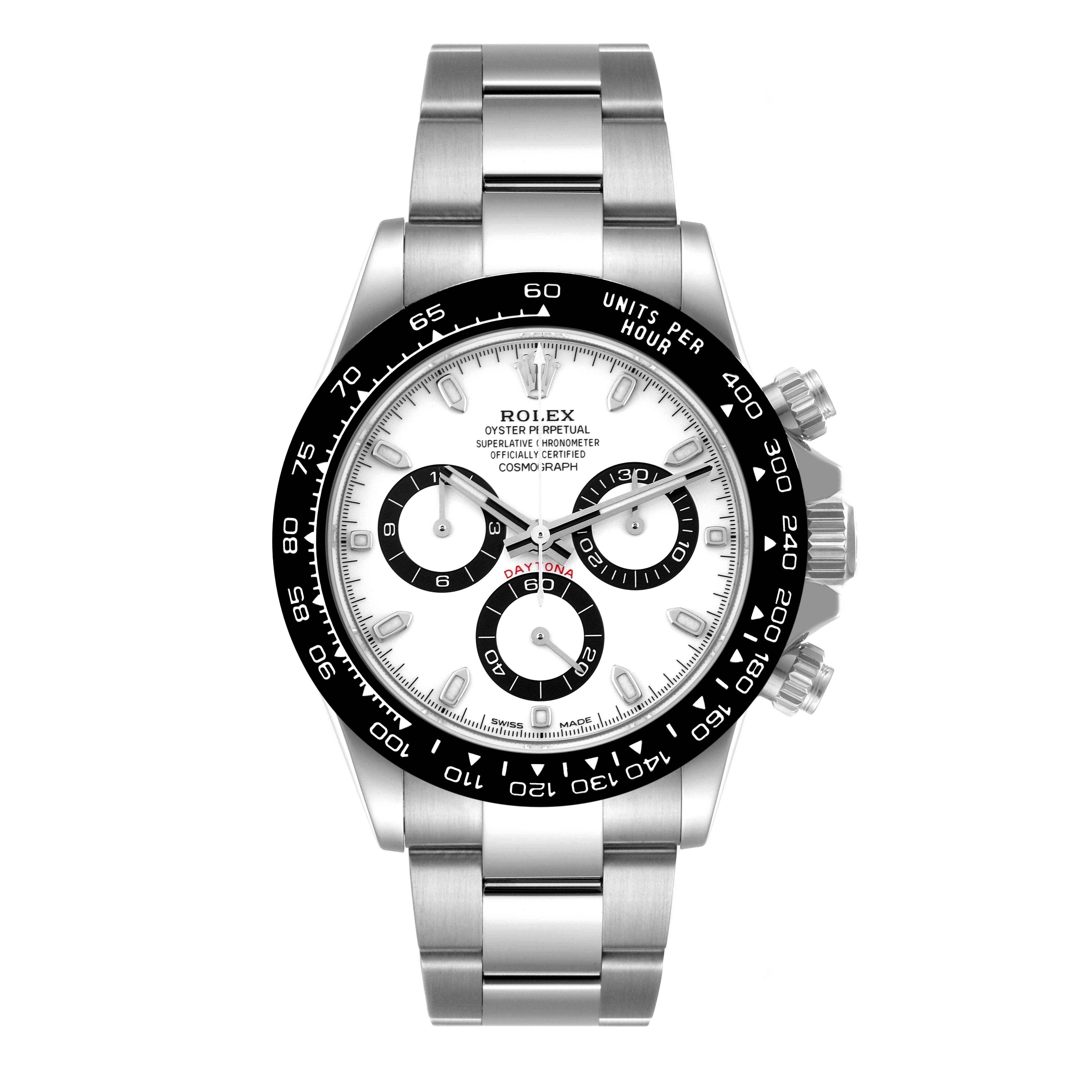This image shows a front view of a Rolex Daytona 116500 Men
s Stainless Steel White Dial 116500 Men
s Stainless Steel White Dial watch, highlighting its dial, bezel, and bracelet.