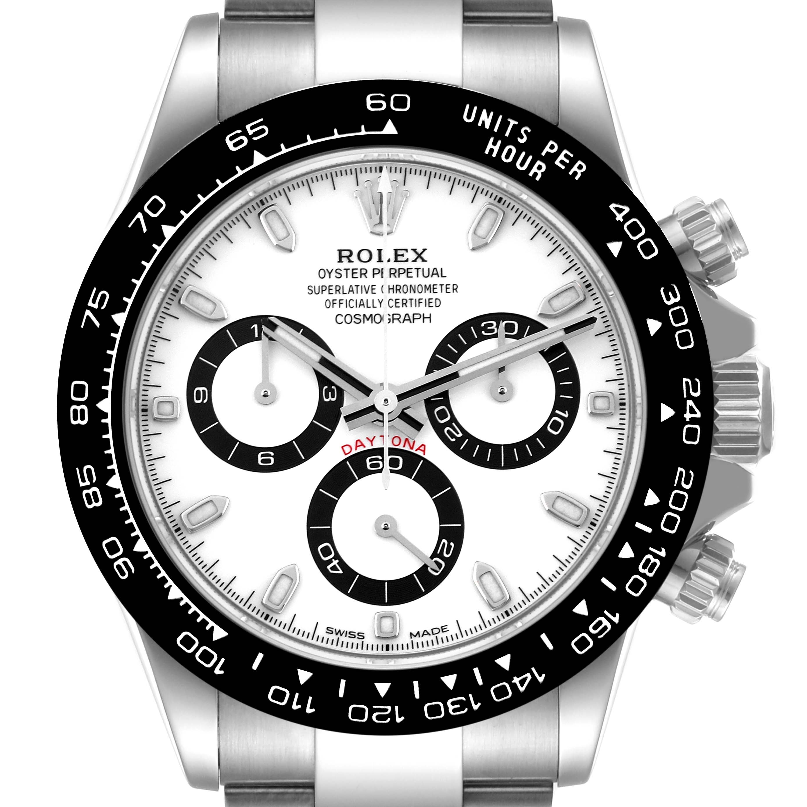 The image shows a close-up, front view of a Rolex Daytona 116500 Men
s Stainless Steel White Dial 116500 Men
s Stainless Steel White Dial watch, displaying the dial, bezel, and part of the bracelet.