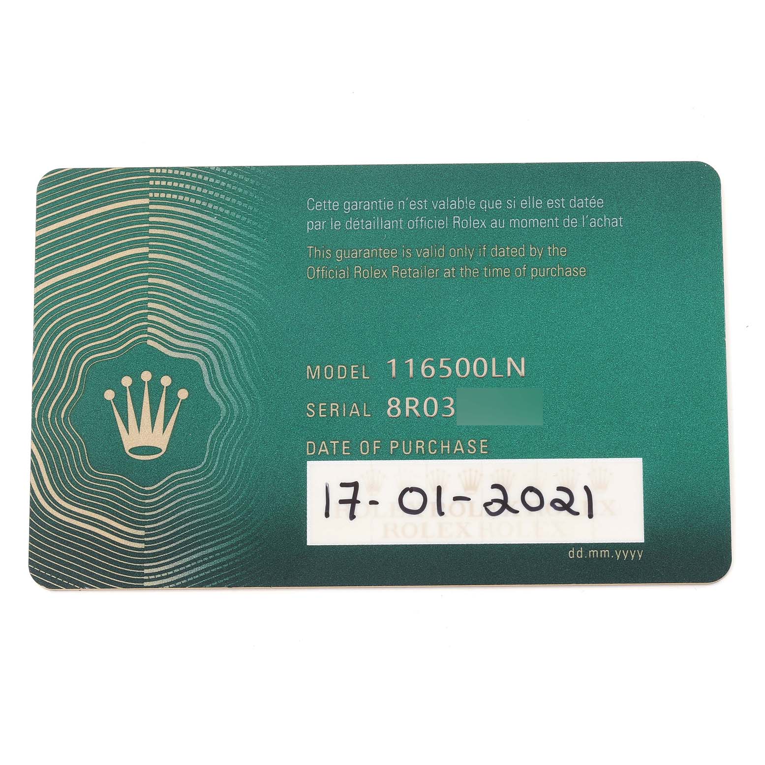 This image shows the guarantee card for a Rolex Daytona 116500 Men
s Stainless Steel White Dial 116500 Men
s Stainless Steel White Dial model 116500LN, with the purchase date of 17-01-2021.