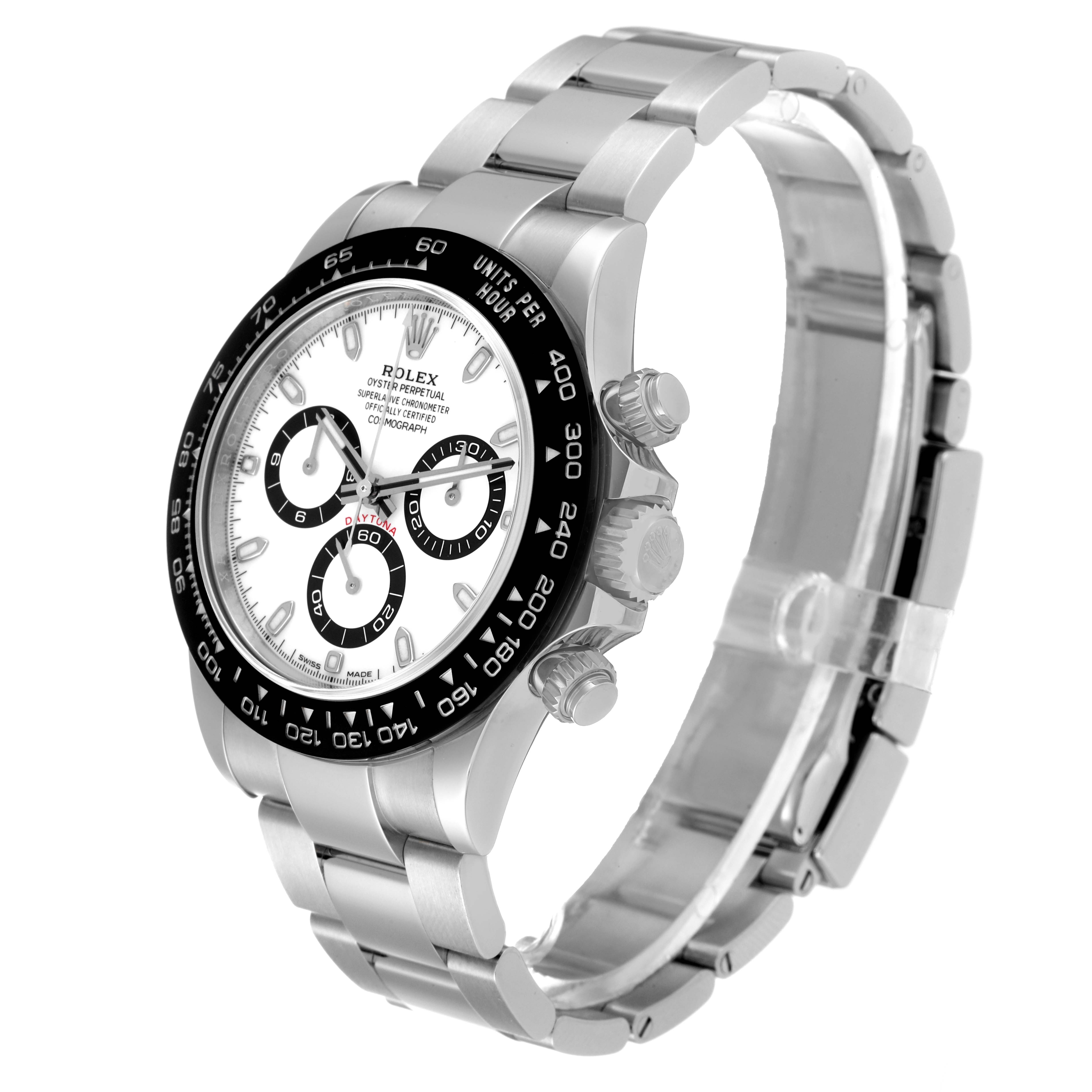 The Rolex Daytona 116500 Men
s Stainless Steel White Dial 116500 Men
s Stainless Steel White Dial model watch is shown at a side angle, featuring the bracelet, dial, bezel, and pushers.