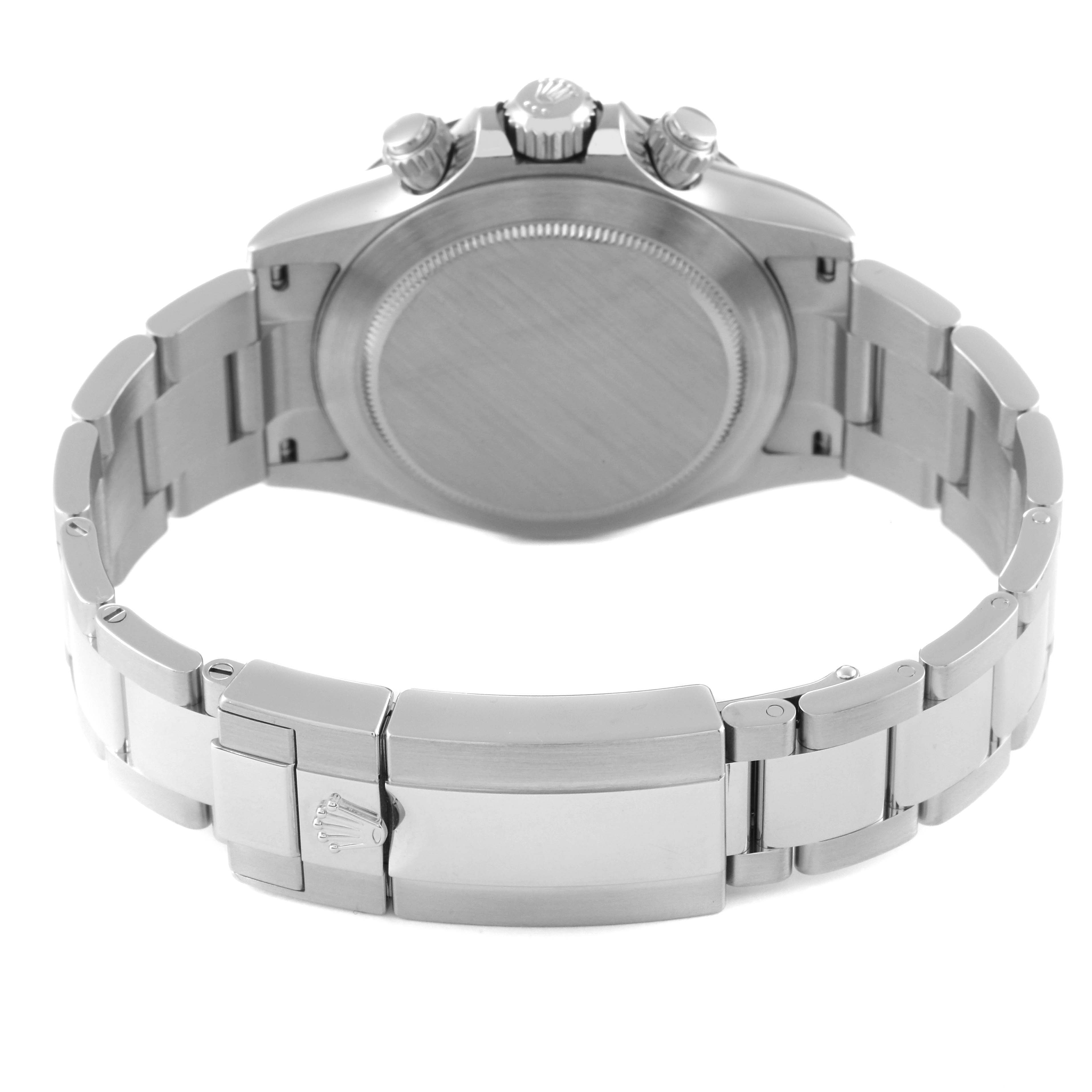 This image shows the back of a Rolex Daytona 116500 Men
s Stainless Steel White Dial 116500 Men
s Stainless Steel White Dial watch, highlighting the case back, bracelet, and clasp.