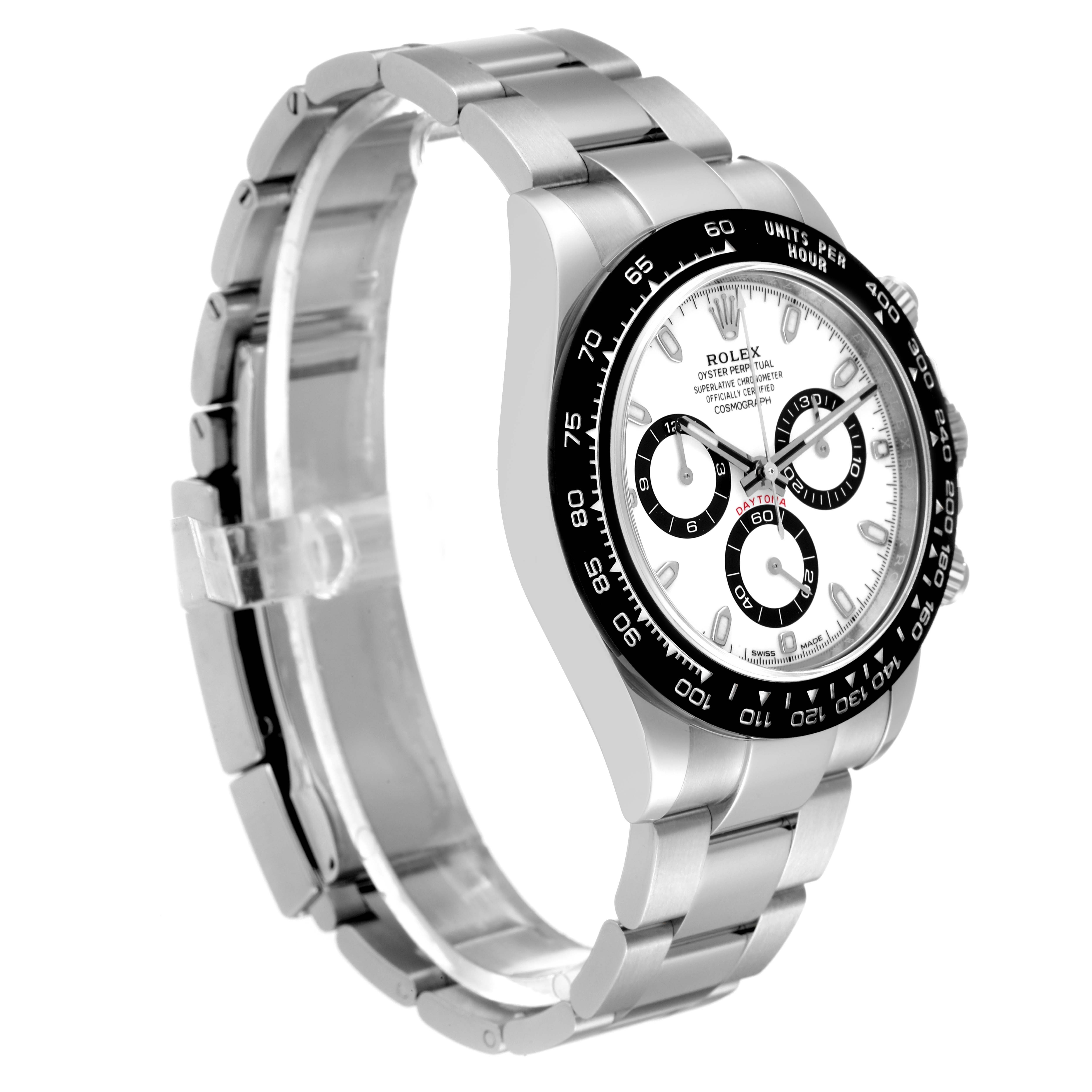 This image shows a Rolex Daytona 116500 Men
s Stainless Steel White Dial 116500 Men
s Stainless Steel White Dial model watch angled from the side, featuring its face, bezel, and bracelet.