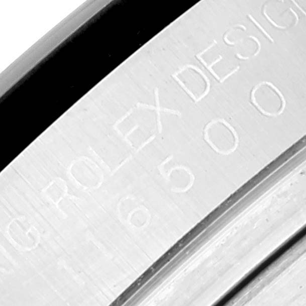 This close-up image shows the engraved model number of a Rolex Daytona 116500 Men
s Stainless Steel White Dial 116500 Men
s Stainless Steel White Dial watch.