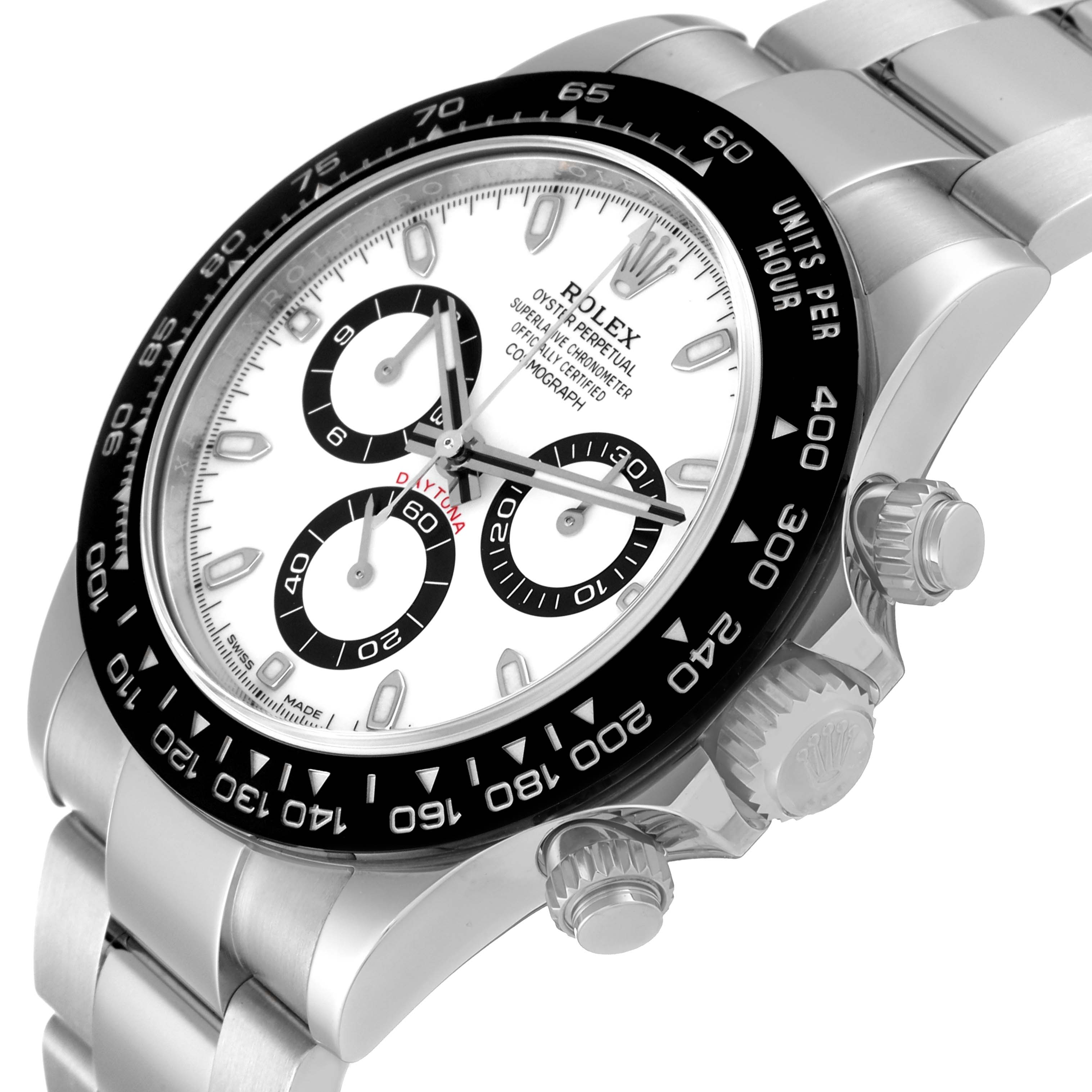 This image shows a close-up angled view of the Rolex Daytona 116500 Men
s Stainless Steel White Dial 116500 Men
s Stainless Steel White Dial watch, displaying the dial, bezel, and bracelet.
