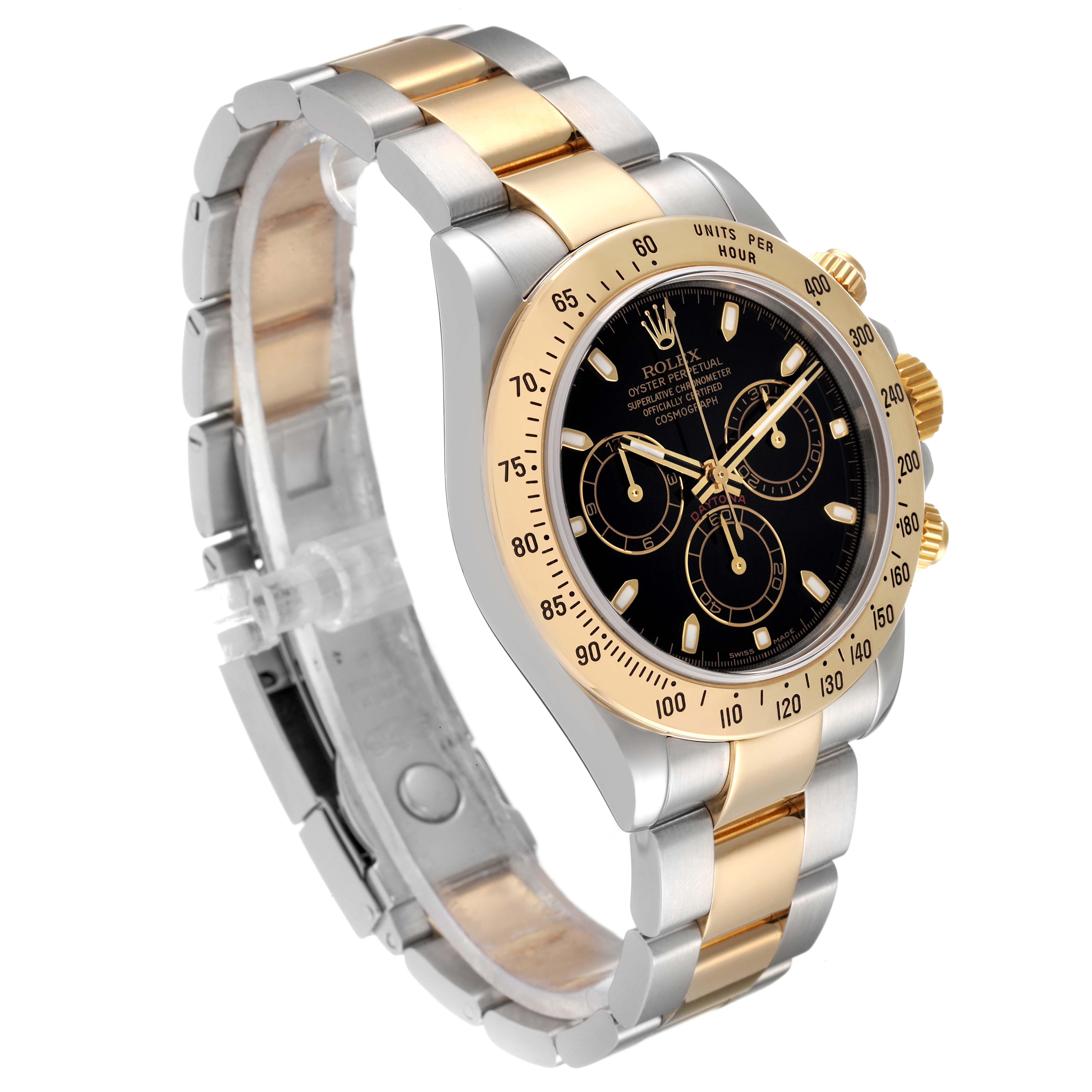 The image shows a Rolex Daytona 116523 Men's Steel and Gold (two tone) Black Dial 116523 Men's Steel and Gold (two tone) Black Dial watch at a three-quarter angle, highlighting the two-tone bracelet, black dial, and chronograph subdials.