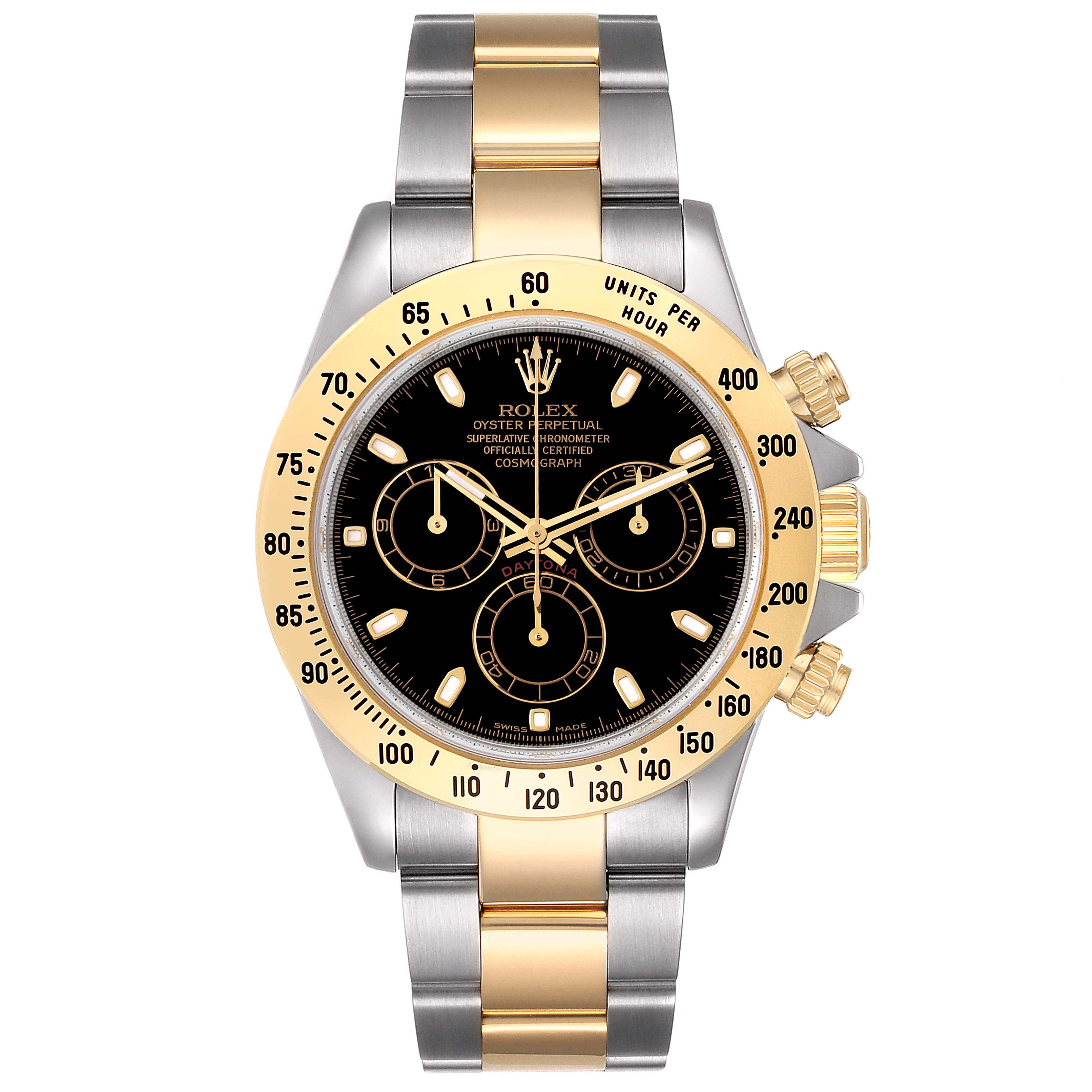The image shows a front view of a Rolex Daytona 116523 Men's Steel and Gold (two tone) Black Dial 116523 Men's Steel and Gold (two tone) Black Dial watch, highlighting its bezel, dial, and two-tone bracelet.
