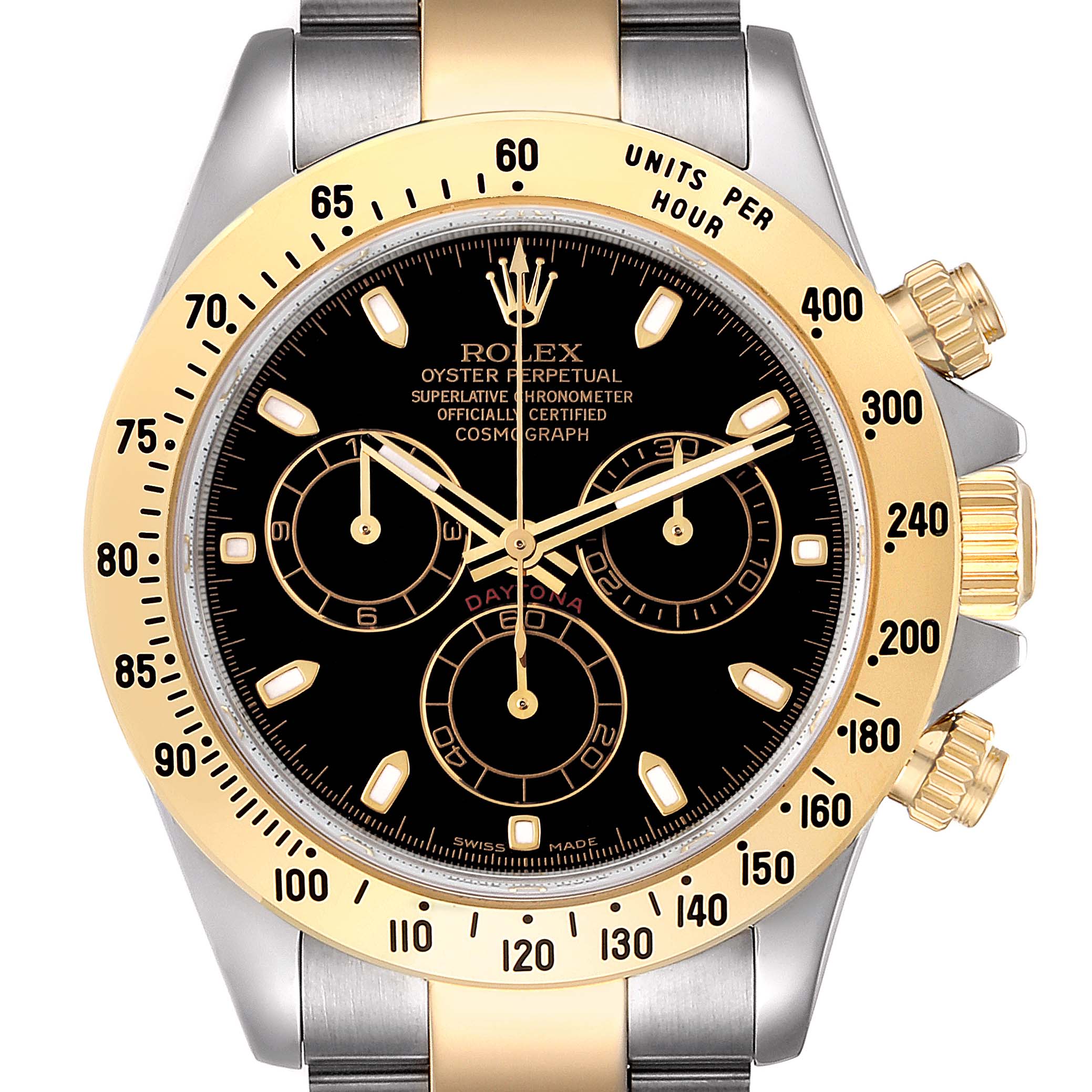 This image shows a frontal view of the Rolex Daytona 116523 Men's Steel and Gold (two tone) Black Dial 116523 Men's Steel and Gold (two tone) Black Dial watch, showcasing its face, bezel, and part of the bracelet.