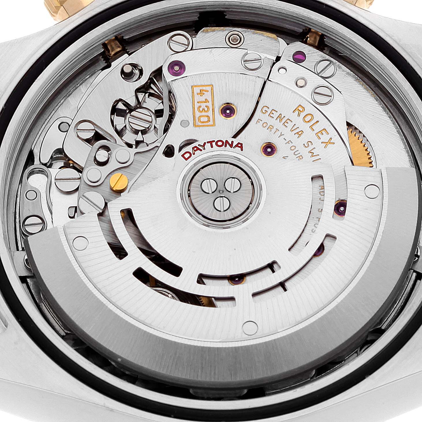 This image shows the internal mechanical movement of the Rolex Daytona 116523 Men's Steel and Gold (two tone) Black Dial 116523 Men's Steel and Gold (two tone) Black Dial watch, highlighted from the back angle.