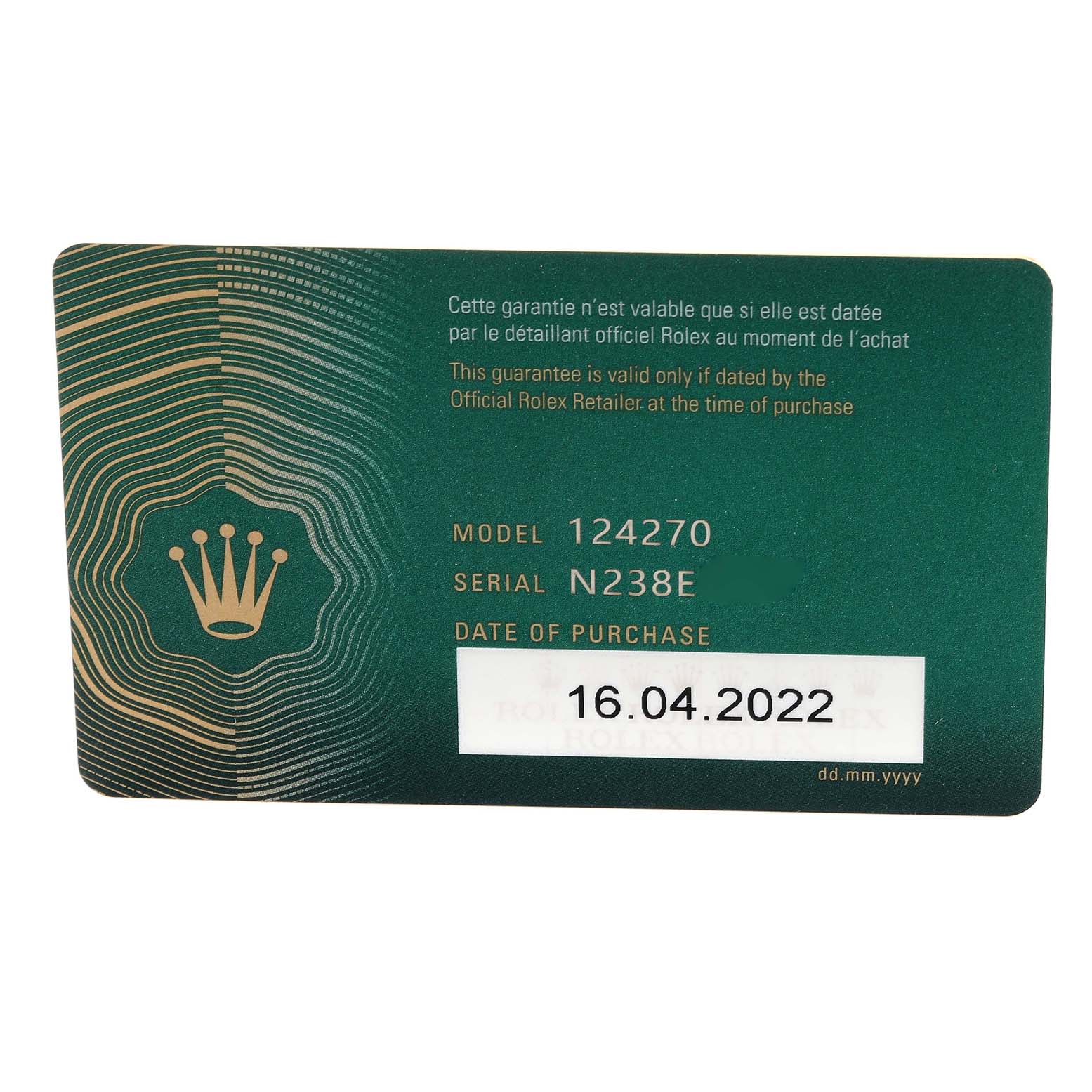 The image shows the guarantee card for the Rolex Explorer 124270 Men's Stainless Steel Black Dial 124270 Men's Stainless Steel Black Dial model 124270, displaying model number, serial number, and date of purchase.