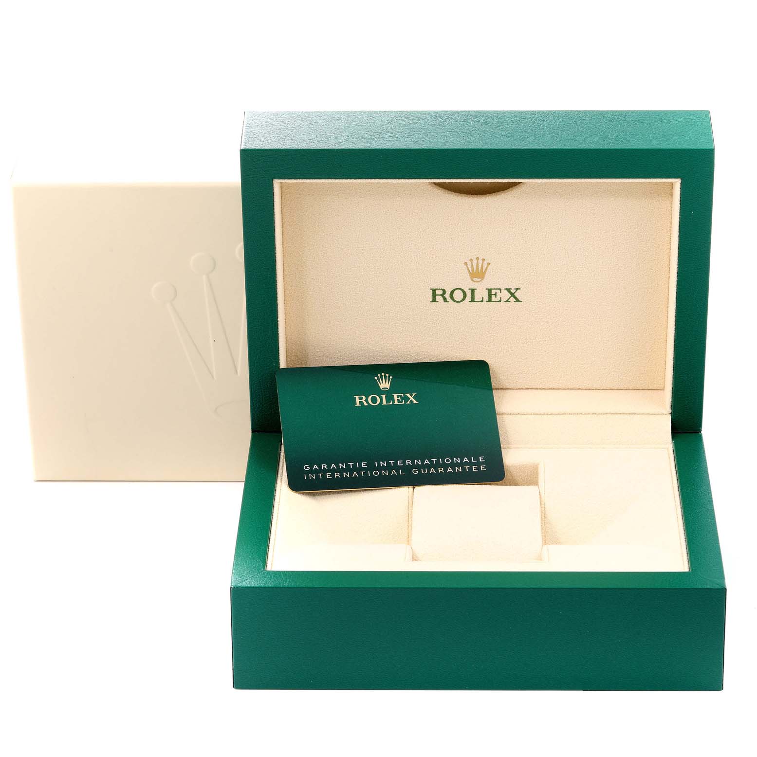 The image shows the open box and international guarantee card for an Explorer model by Rolex, viewed from the front.