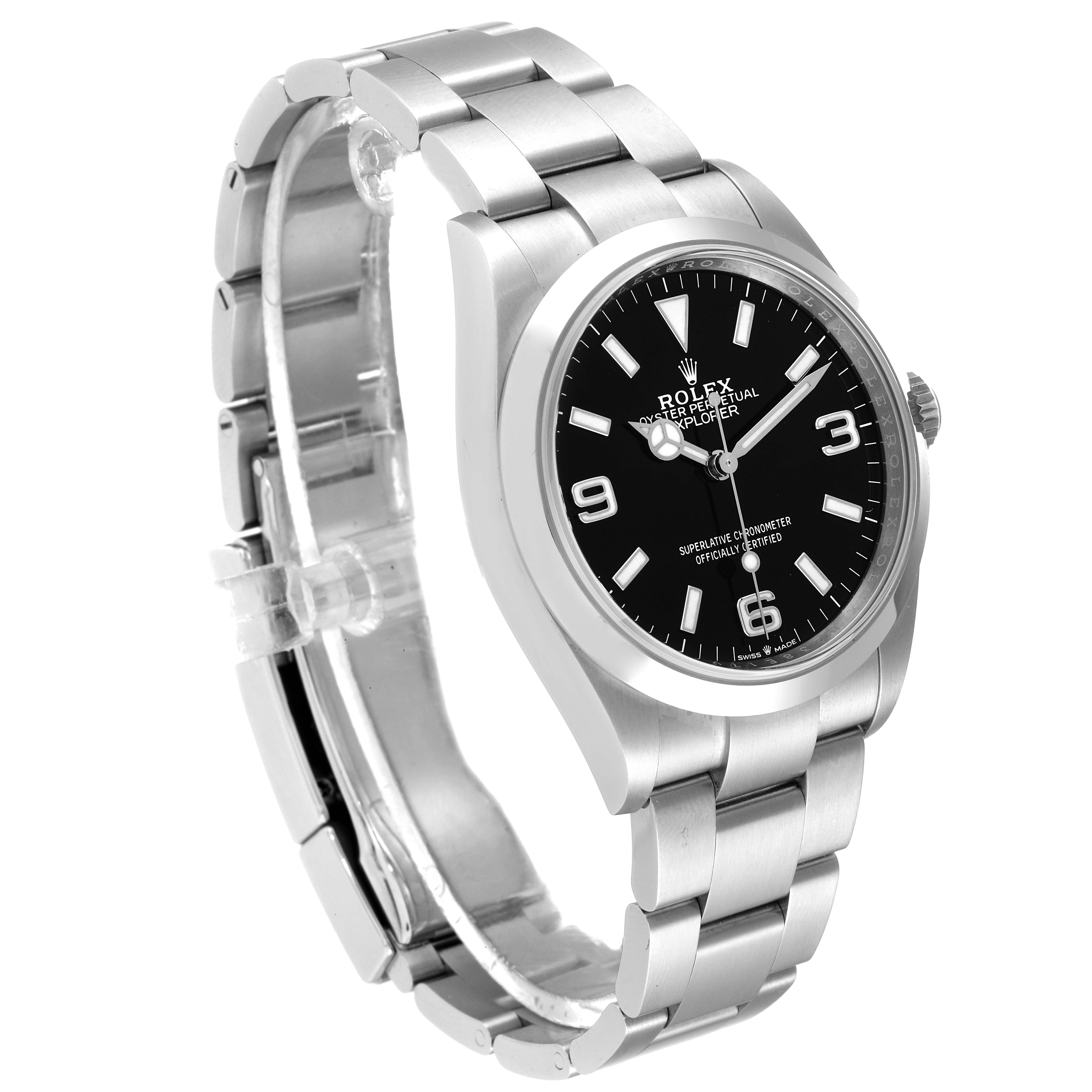 The image shows a side and front angle of a Rolex Explorer 124270 Men's Stainless Steel Black Dial 124270 Men's Stainless Steel Black Dial watch, highlighting its face, bezel, crown, and bracelet.