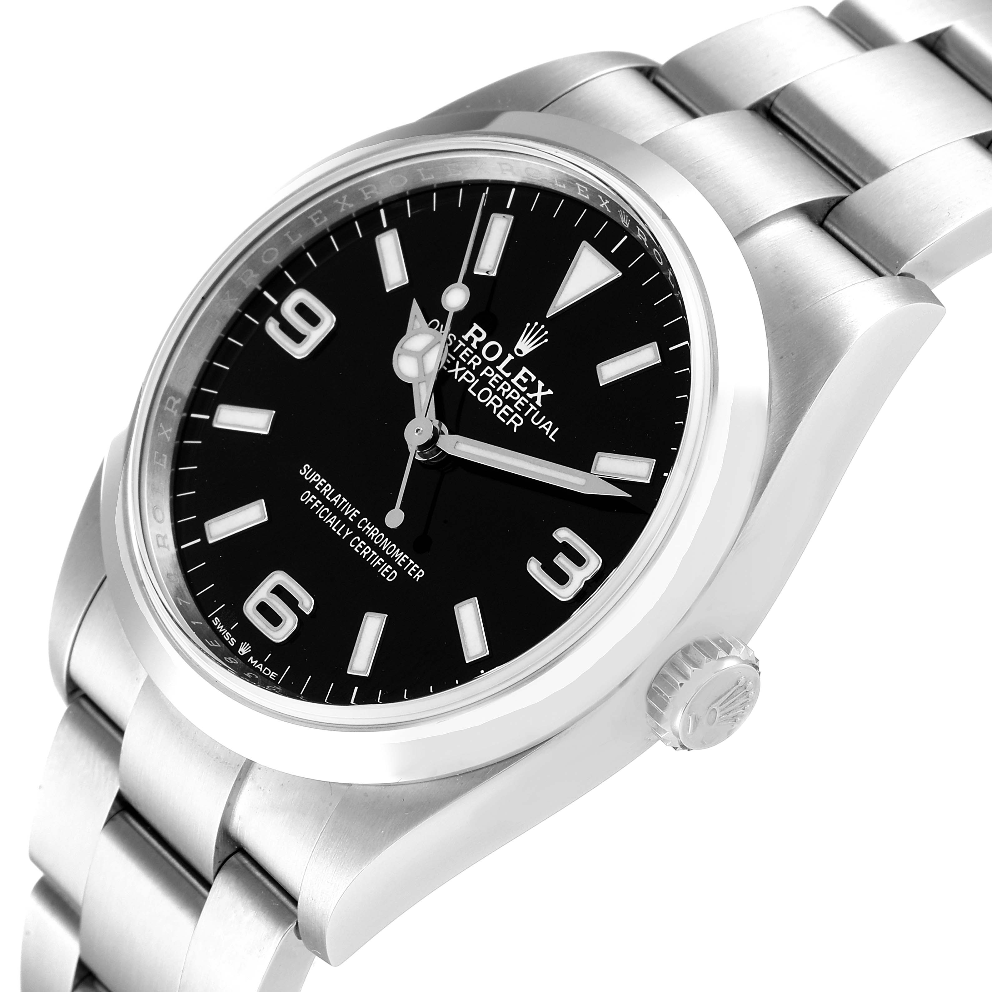 The image shows a Rolex Explorer 124270 Men's Stainless Steel Black Dial 124270 Men's Stainless Steel Black Dial watch from a three-quarter angle, highlighting the watch face, bezel, crown, and part of the bracelet.