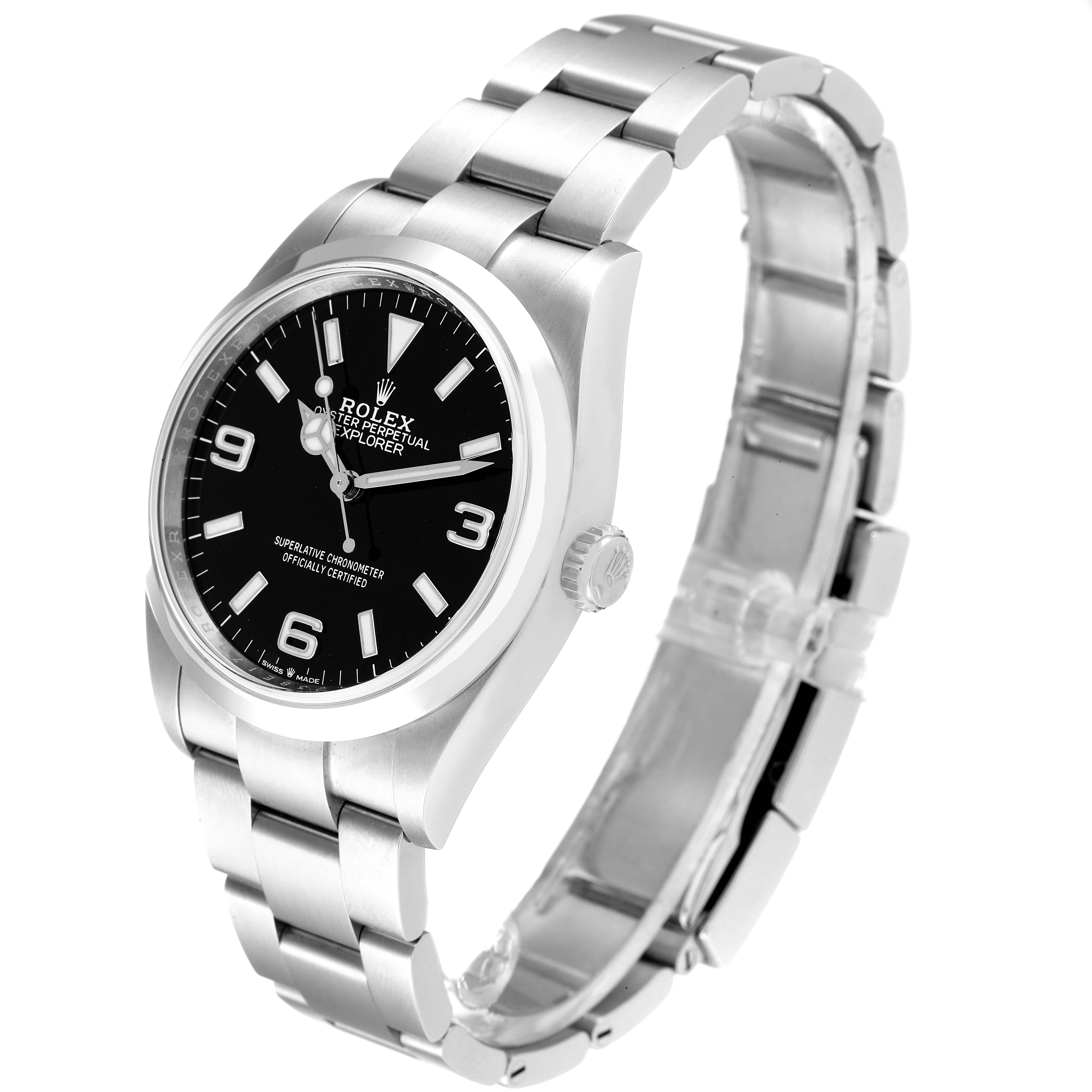 The image shows a side angle of the Rolex Explorer 124270 Men's Stainless Steel Black Dial 124270 Men's Stainless Steel Black Dial watch, highlighting the black dial, bezel, and metal bracelet.
