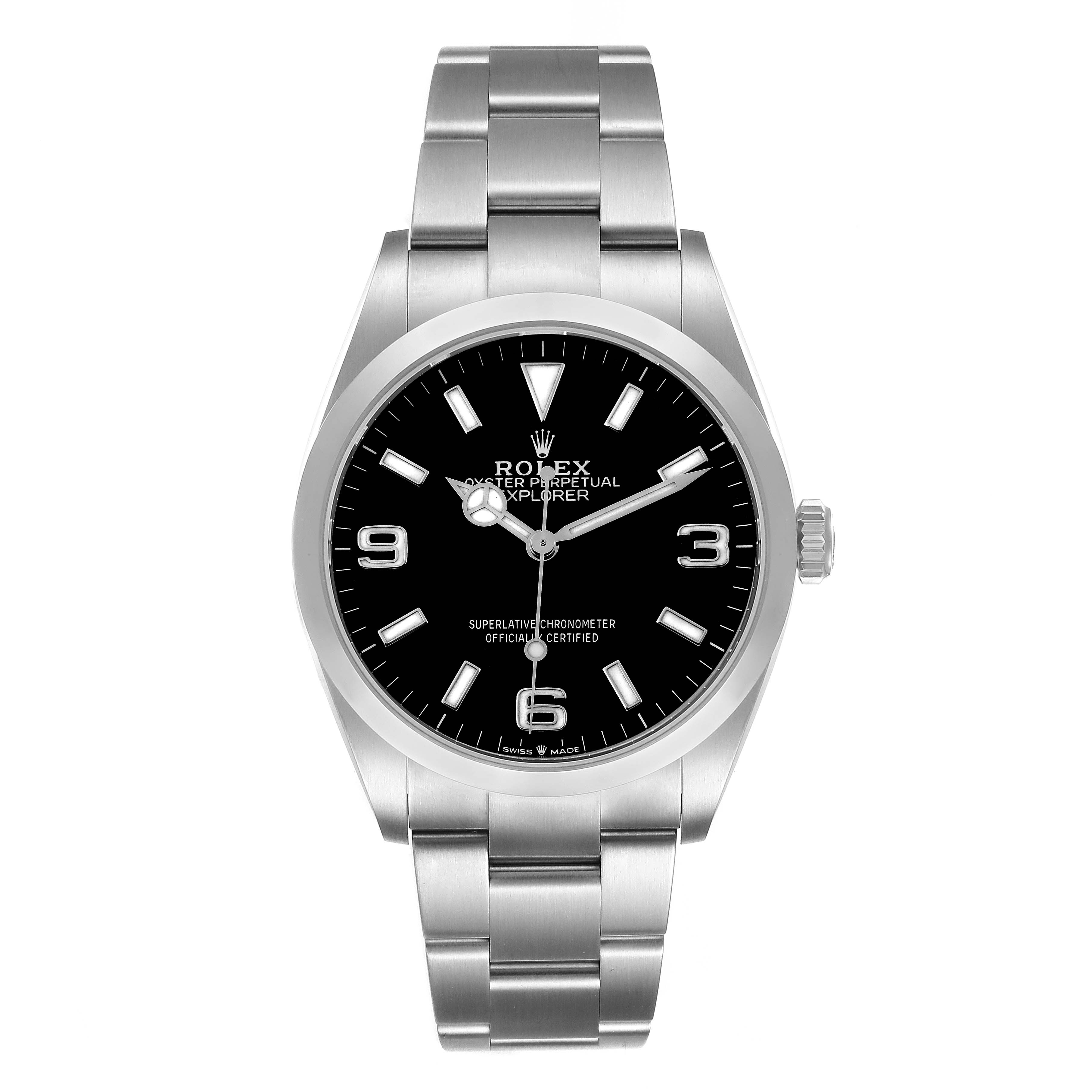 The image shows a front view of the Rolex Explorer 124270 Men's Stainless Steel Black Dial 124270 Men's Stainless Steel Black Dial watch, displaying the bezel, dial, crown, and metal bracelet.