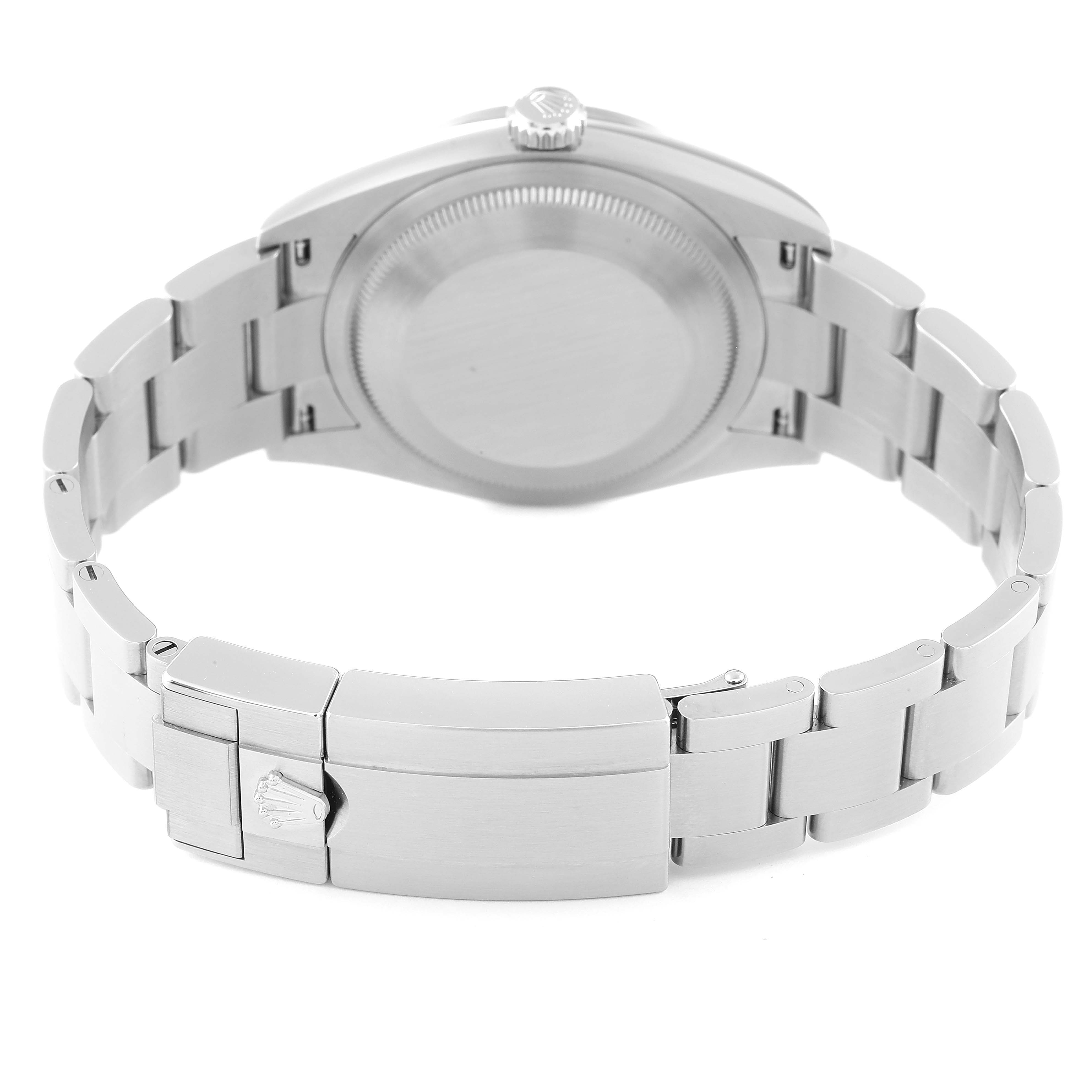 The image shows the back and bracelet of a Rolex Explorer 124270 Men's Stainless Steel Black Dial 124270 Men's Stainless Steel Black Dial watch at an angle revealing the clasp and crown.