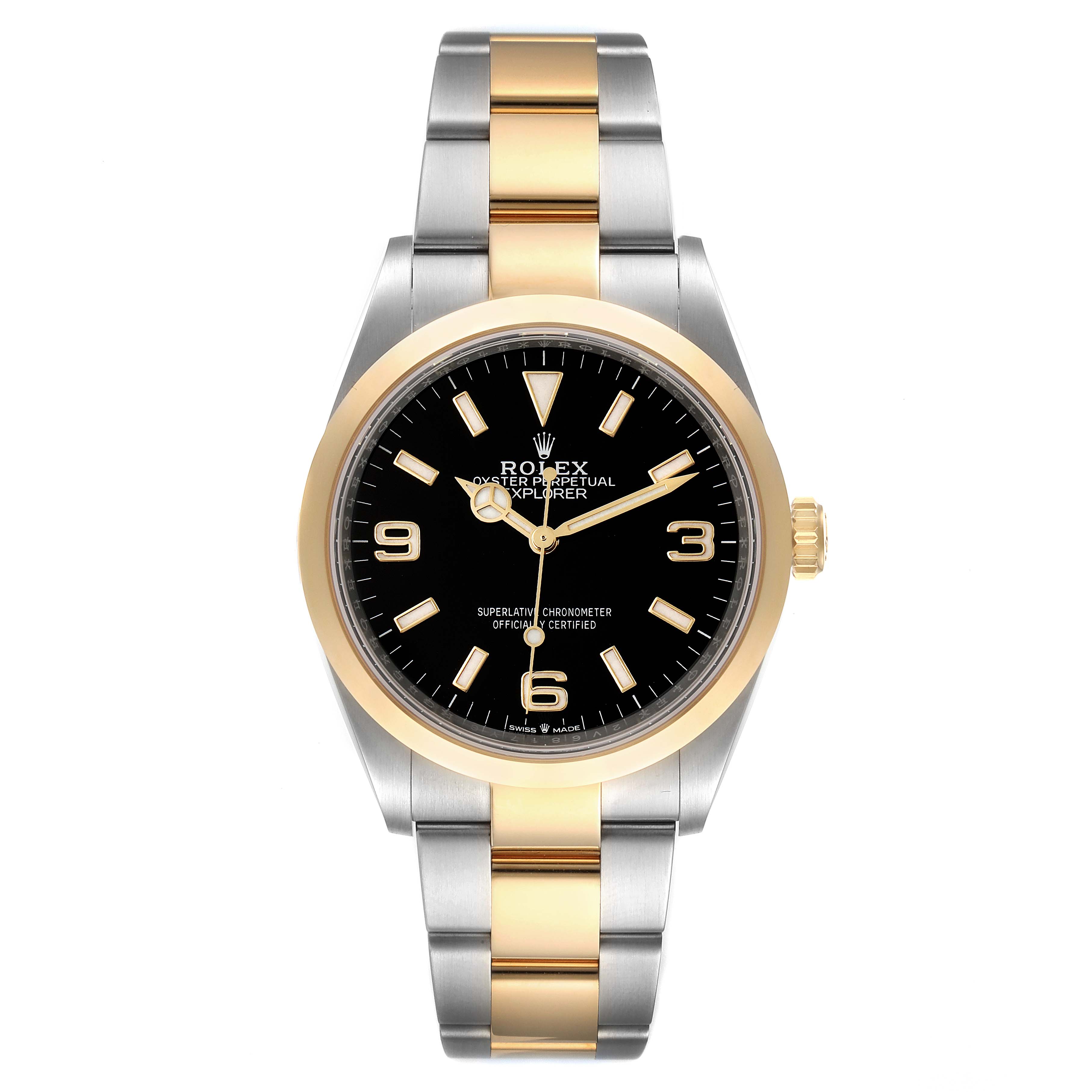 This image shows a frontal view of a Rolex Explorer 124273 Men's Steel and Gold (two tone) Black Dial 124273 Men's Steel and Gold (two tone) Black Dial watch, highlighting its black dial, gold bezel, and two-tone bracelet.