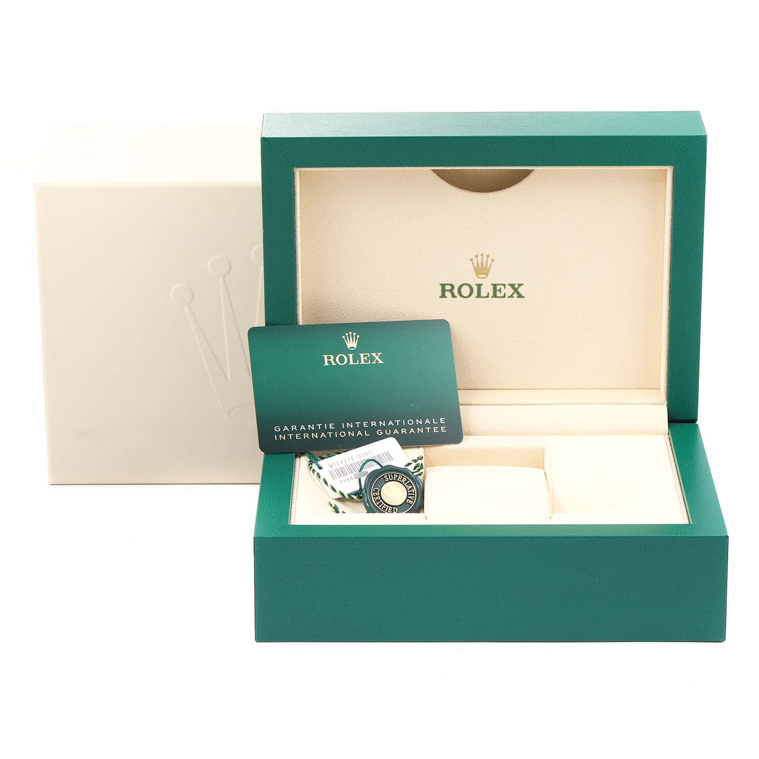The image shows the open box of a Rolex Explorer 124273 Men's Steel and Gold (two tone) Black Dial 124273 Men's Steel and Gold (two tone) Black Dial model watch with warranty cards and a tag inside.