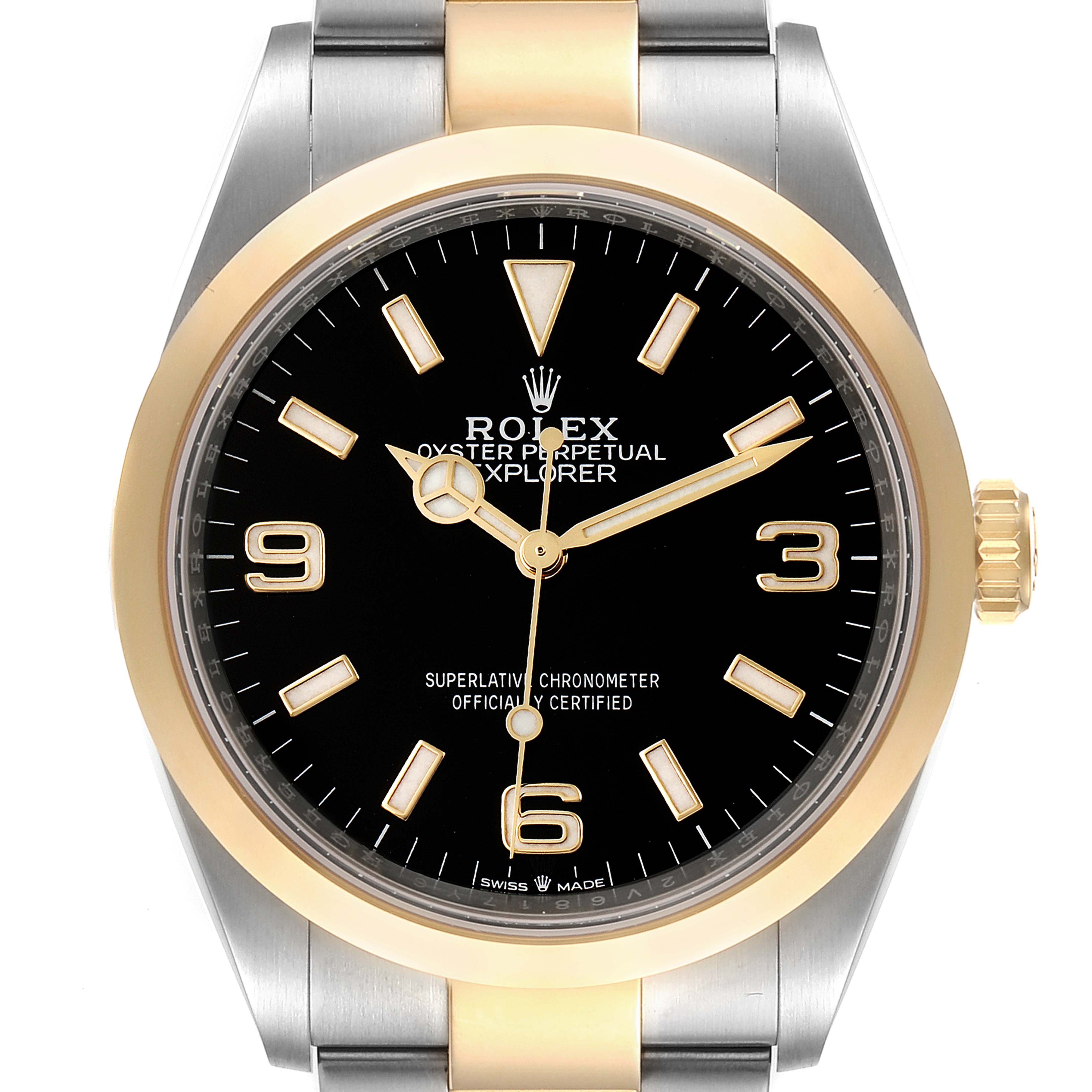 The image shows a front view of a Rolex Explorer 124273 Men's Steel and Gold (two tone) Black Dial 124273 Men's Steel and Gold (two tone) Black Dial watch, highlighting its black dial, gold indices, and stainless steel and gold bezel.