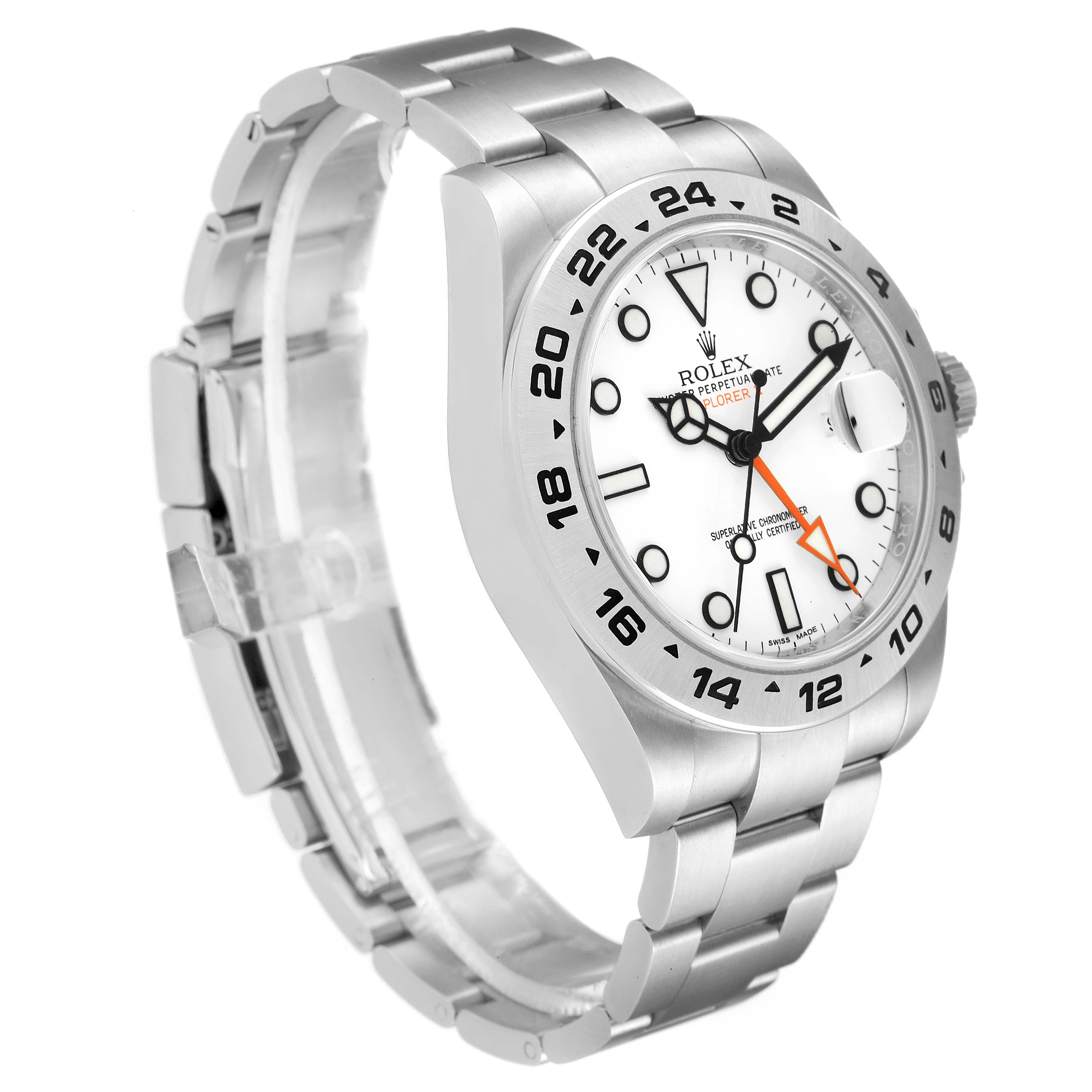 The Rolex Explorer 216570 Men's Stainless Steel White Dial 216570 Men's Stainless Steel White Dial watch is shown at an angled view, highlighting the face, bezel with 24-hour markers, and the stainless steel bracelet.