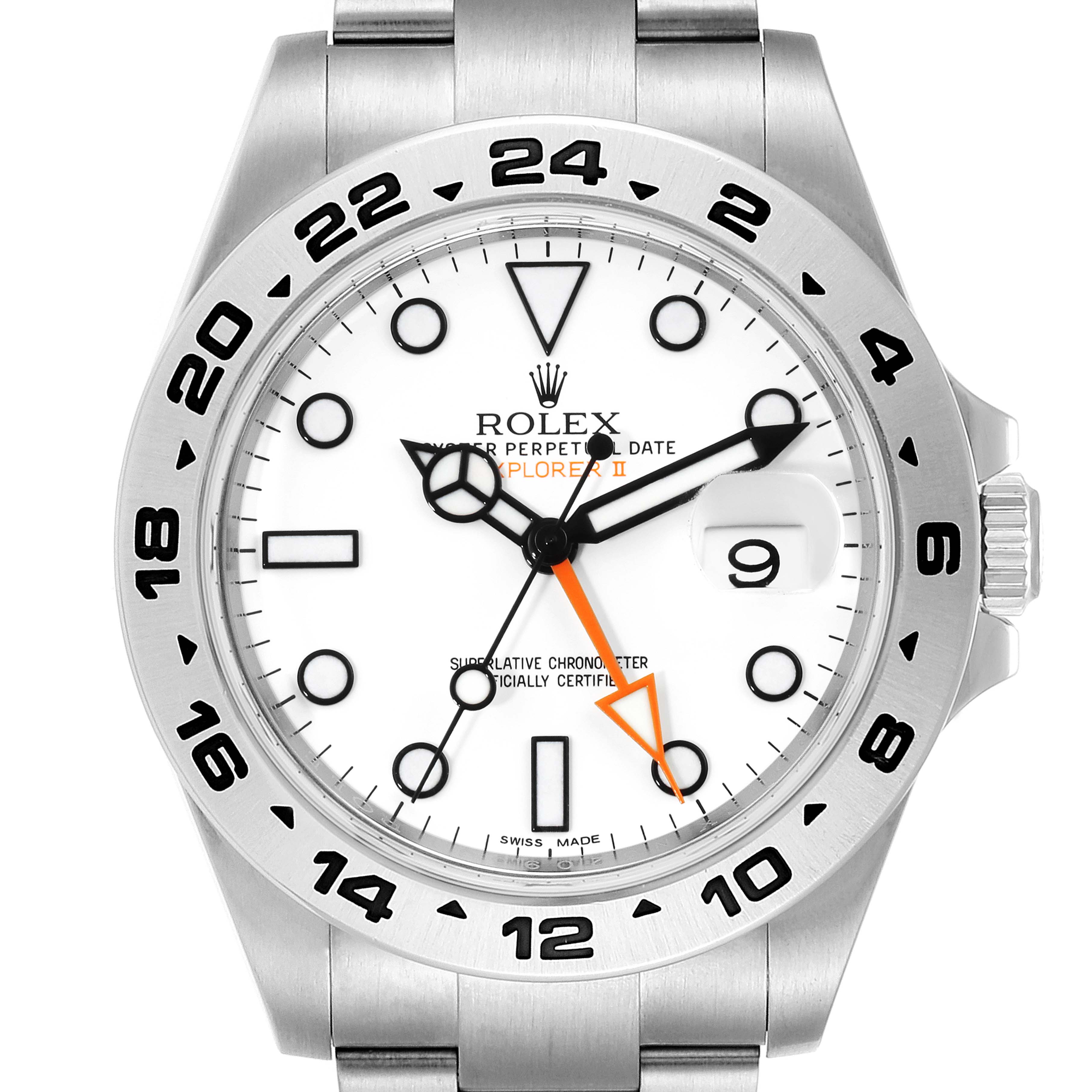 The Rolex Explorer 216570 Men's Stainless Steel White Dial 216570 Men's Stainless Steel White Dial watch is shown from a top-down angle, displaying its face, bezel, and bracelet.