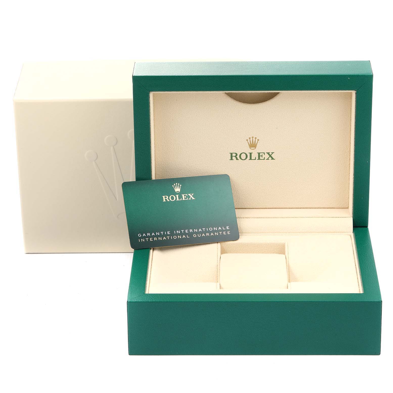 The image shows the open case and guarantee card for a Rolex Explorer 216570 Men's Stainless Steel White Dial 216570 Men's Stainless Steel White Dial watch.