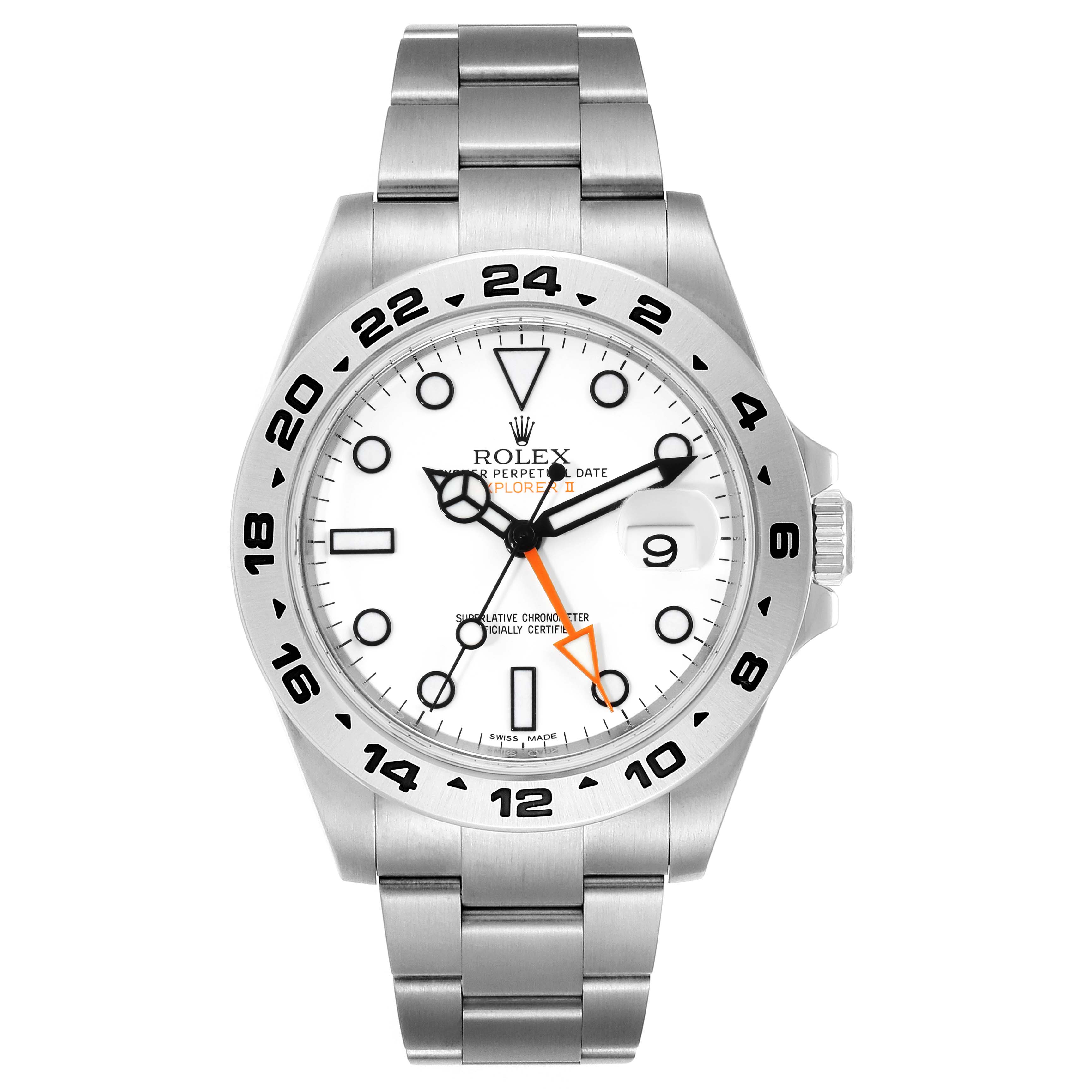The image shows a front view of a Rolex Explorer 216570 Men's Stainless Steel White Dial 216570 Men's Stainless Steel White Dial watch, highlighting its face, markers, hands, bezel, and bracelet.