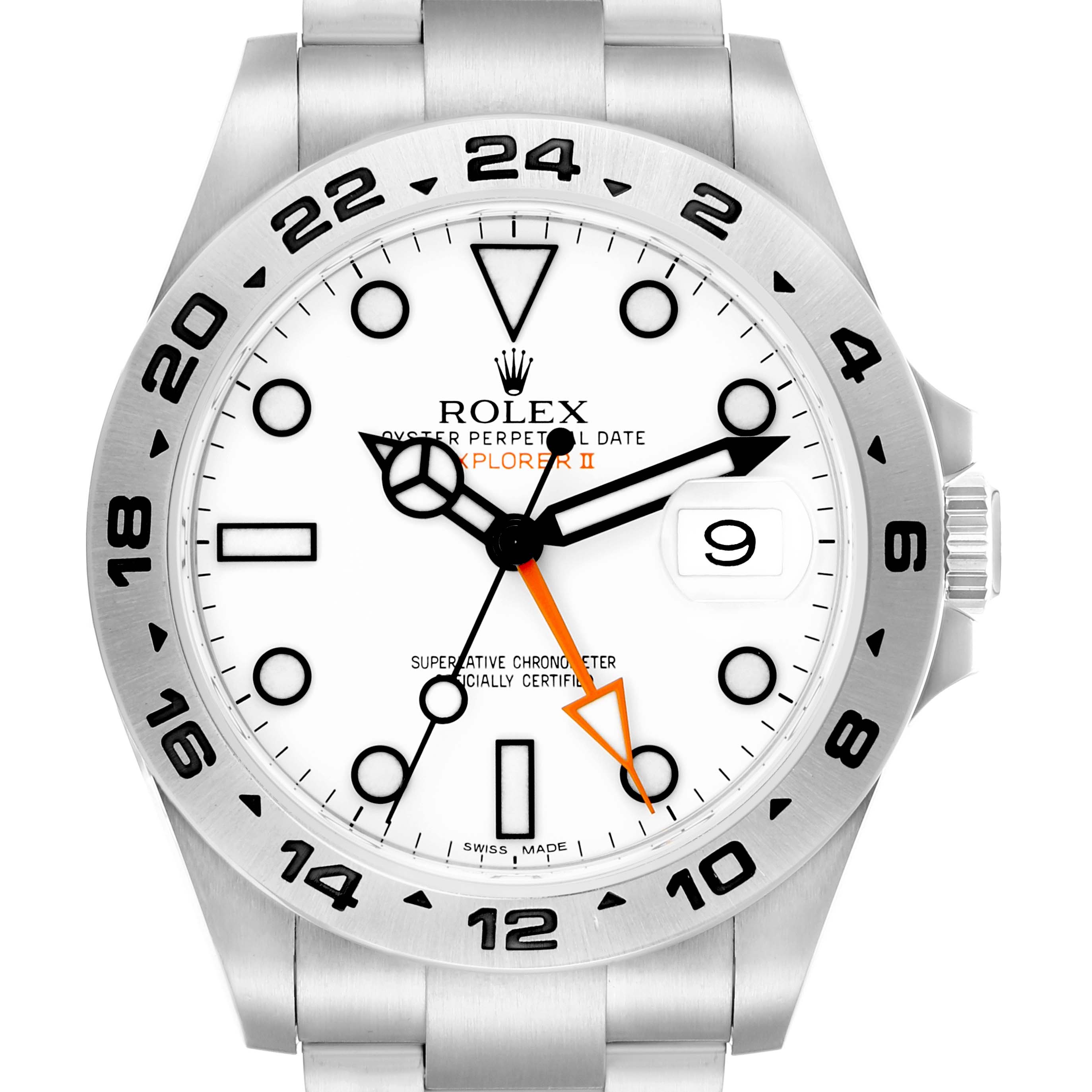 The Rolex Explorer 216570 Men
s Stainless Steel White Dial II watch is shown from a front angle, displaying its face, bezel, and part of the bracelet.