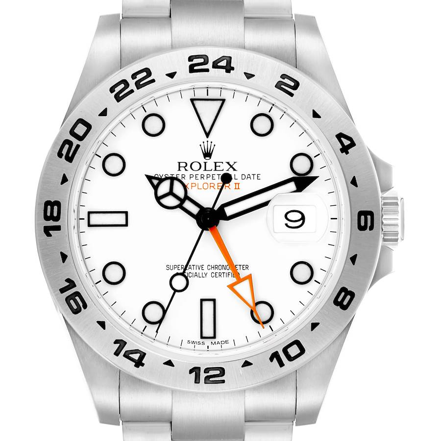 The Rolex Explorer 216570 Men's Stainless Steel White Dial II watch is shown from a front angle, displaying its face, bezel, and part of the bracelet.