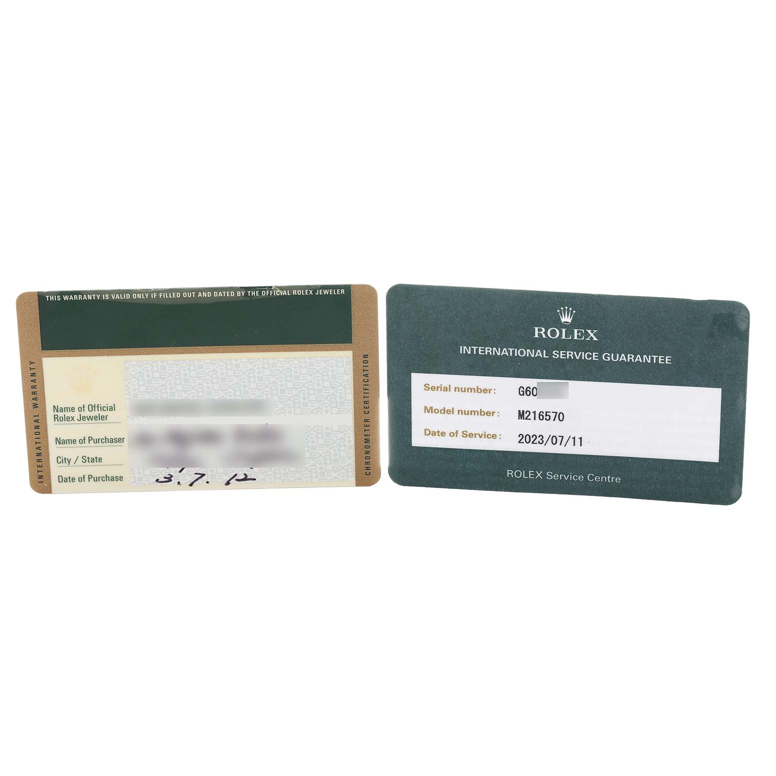 The image shows warranty and service cards for a Rolex Explorer 216570 Men
s Stainless Steel White Dial model M216570, displaying details like serial numbers and dates.