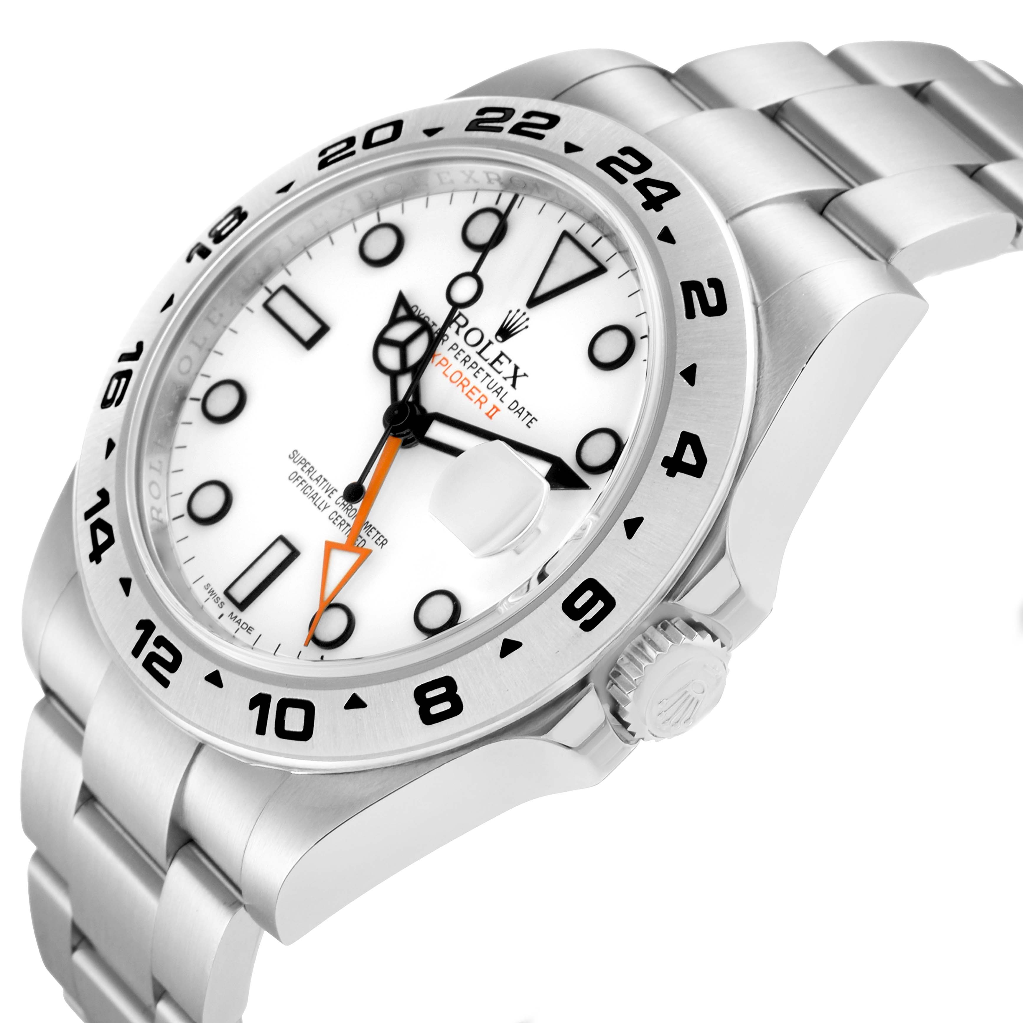 The Rolex Explorer 216570 Men
s Stainless Steel White Dial model is shown at an angled side view, highlighting the face, bezel, crown, and part of the bracelet.