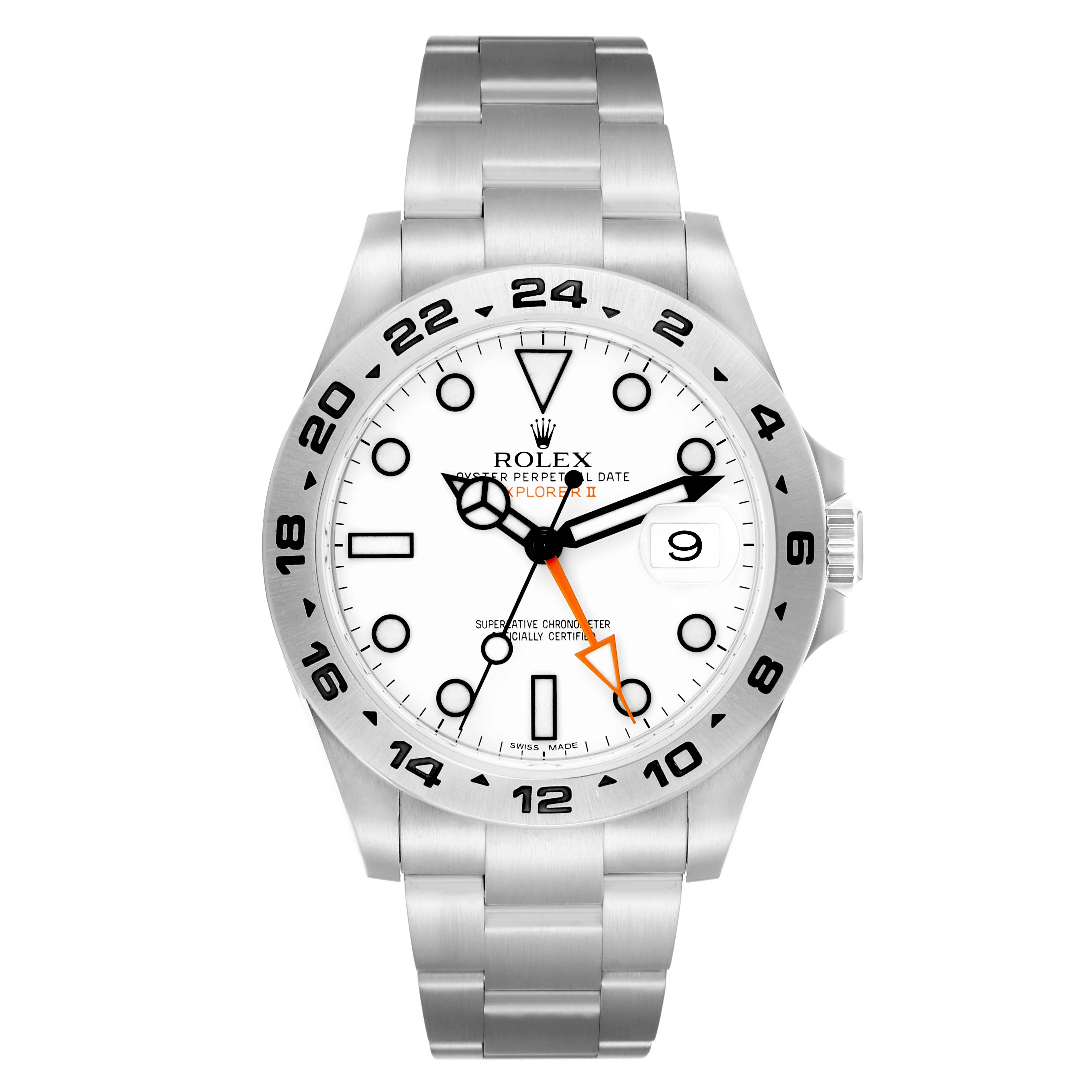 The Rolex Explorer 216570 Men
s Stainless Steel White Dial model is shown from a front angle, displaying its bezel, dial, hands, and bracelet.