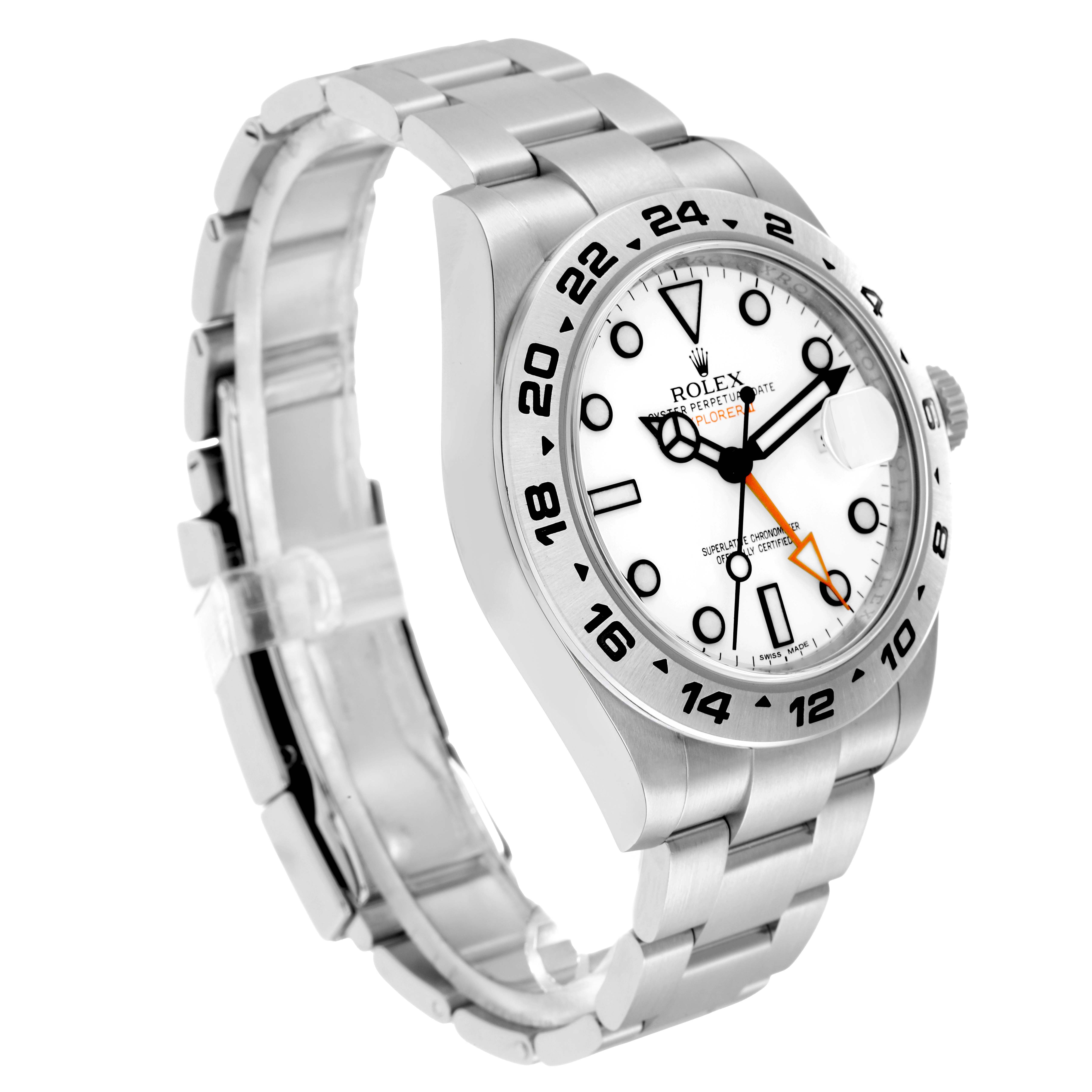 The Rolex Explorer 216570 Men
s Stainless Steel White Dial watch is shown at a three-quarter angle, displaying its face, bezel, and part of the bracelet.