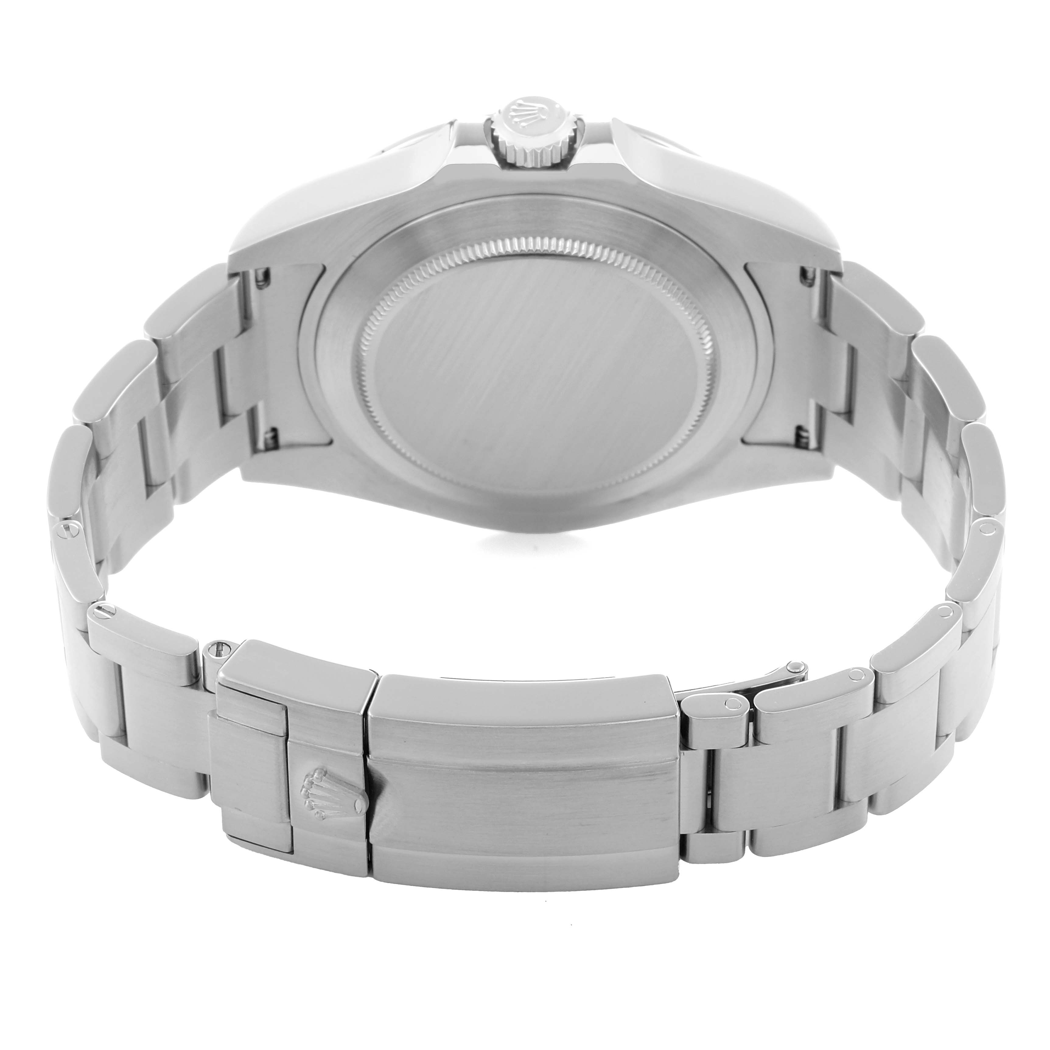 The image shows the back of a Rolex Explorer 216570 Men
s Stainless Steel White Dial watch, highlighting the case, crown, and metal bracelet with clasp from a rear angle.